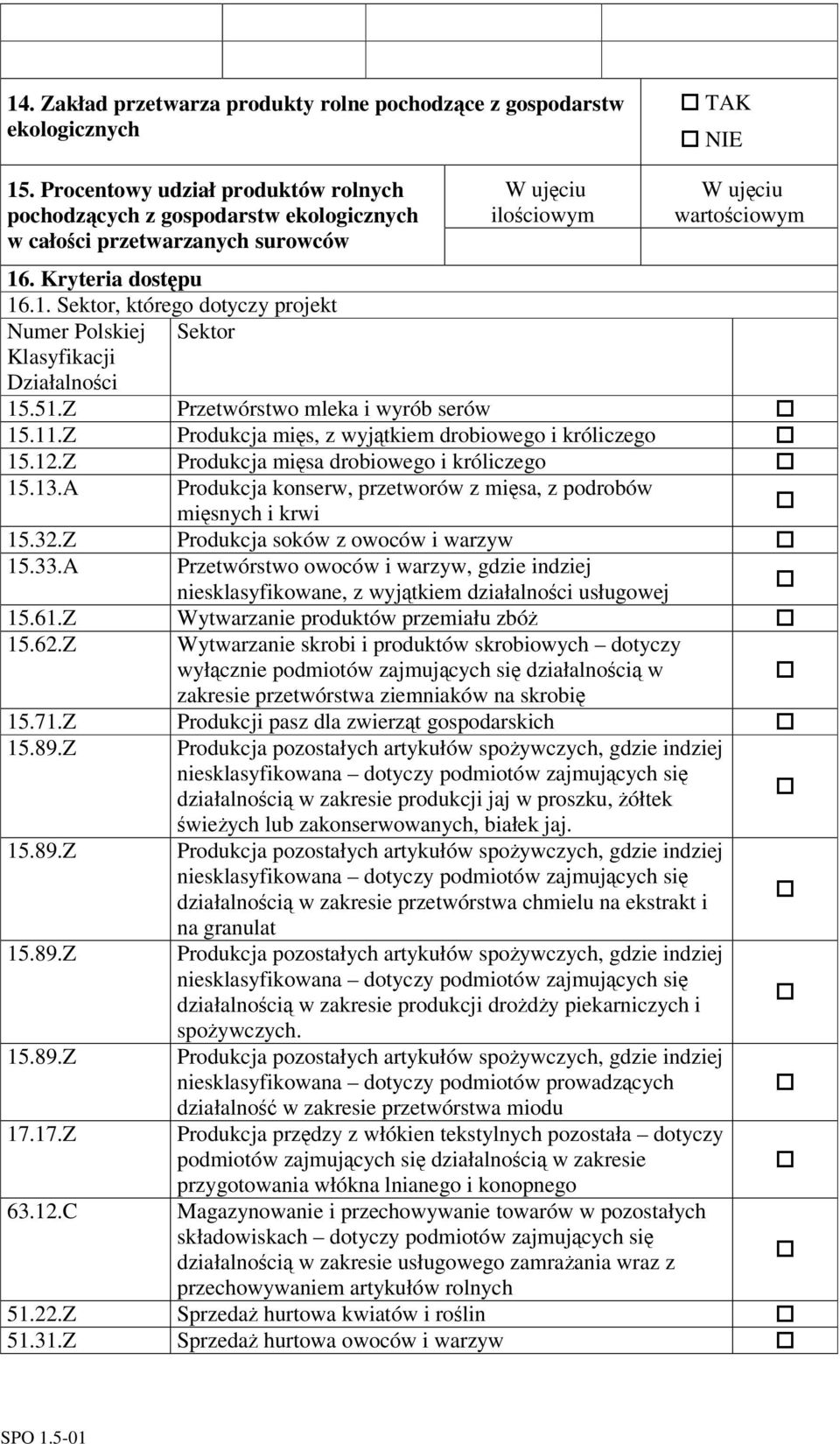 . Kryteria dostpu 16.1. Sektor, którego dotyczy projekt Numer Polskiej Sektor Klasyfikacji Działalnoci 15.51.Z Przetwórstwo mleka i wyrób serów 15.11.