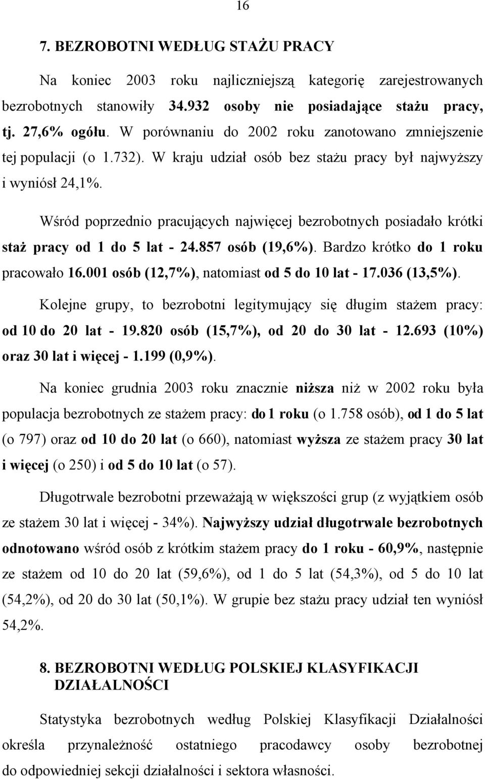 Wśród poprzednio pracujących najwięcej bezrobotnych posiadało krótki staż pracy od 1 do 5 lat - 24.857 osób (19,6%). Bardzo krótko do 1 roku pracowało 16.