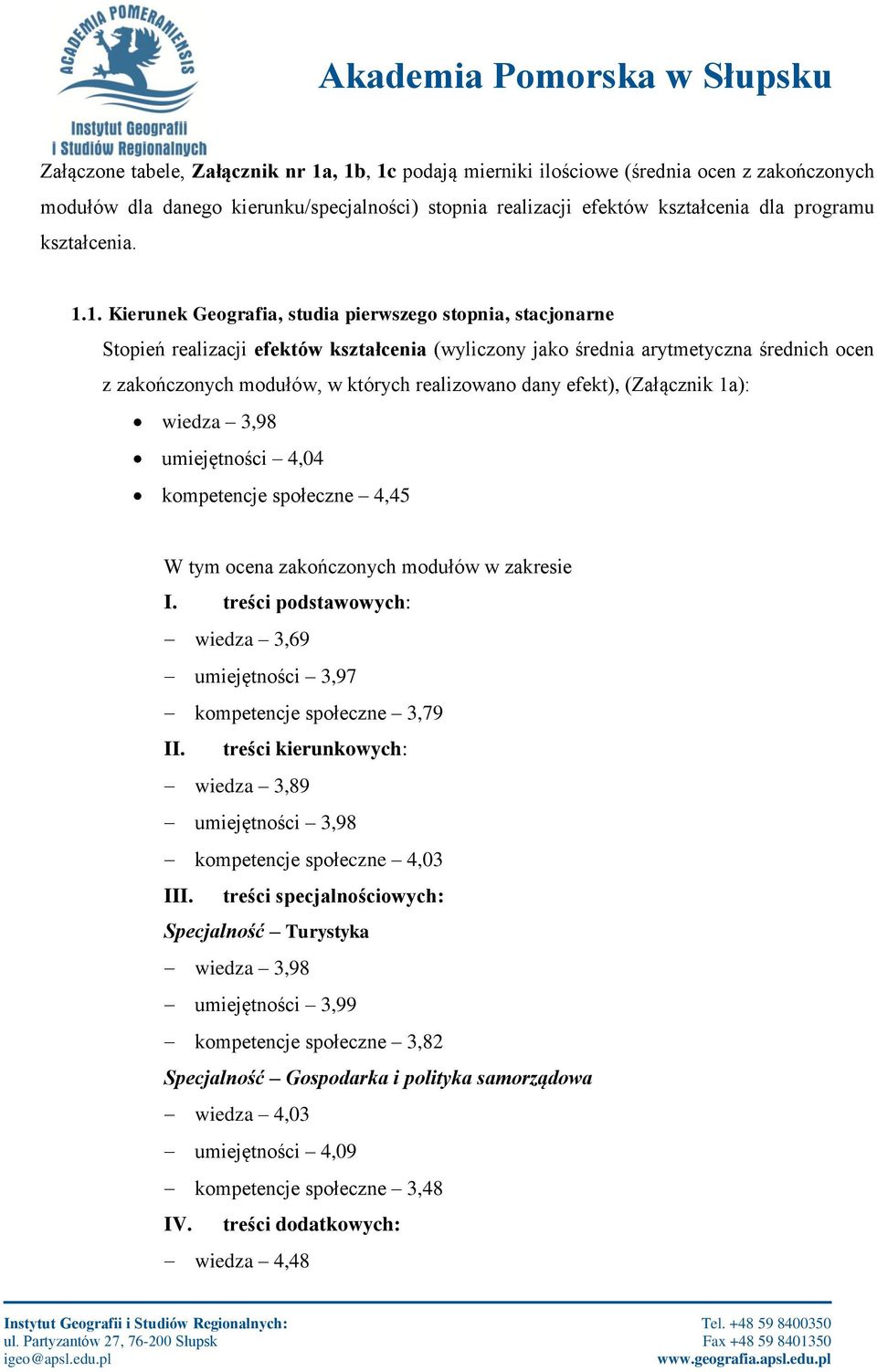 1. Kierunek Geografia, studia pierwszego stopnia, stacjonarne Stopień realizacji efektów kształcenia (wyliczony jako średnia arytmetyczna średnich ocen z zakończonych modułów, w których realizowano