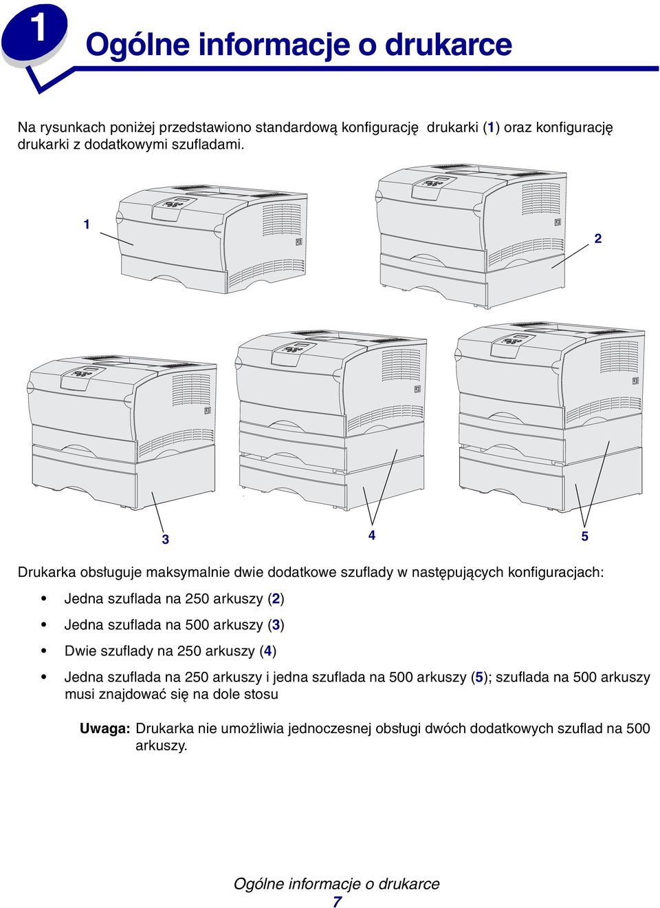 1 2 Drukarka obsługuje maksymalnie dwie dodatkowe szuflady w następujących konfiguracjach: Jedna szuflada na 250 arkuszy (2) Jedna szuflada na 500