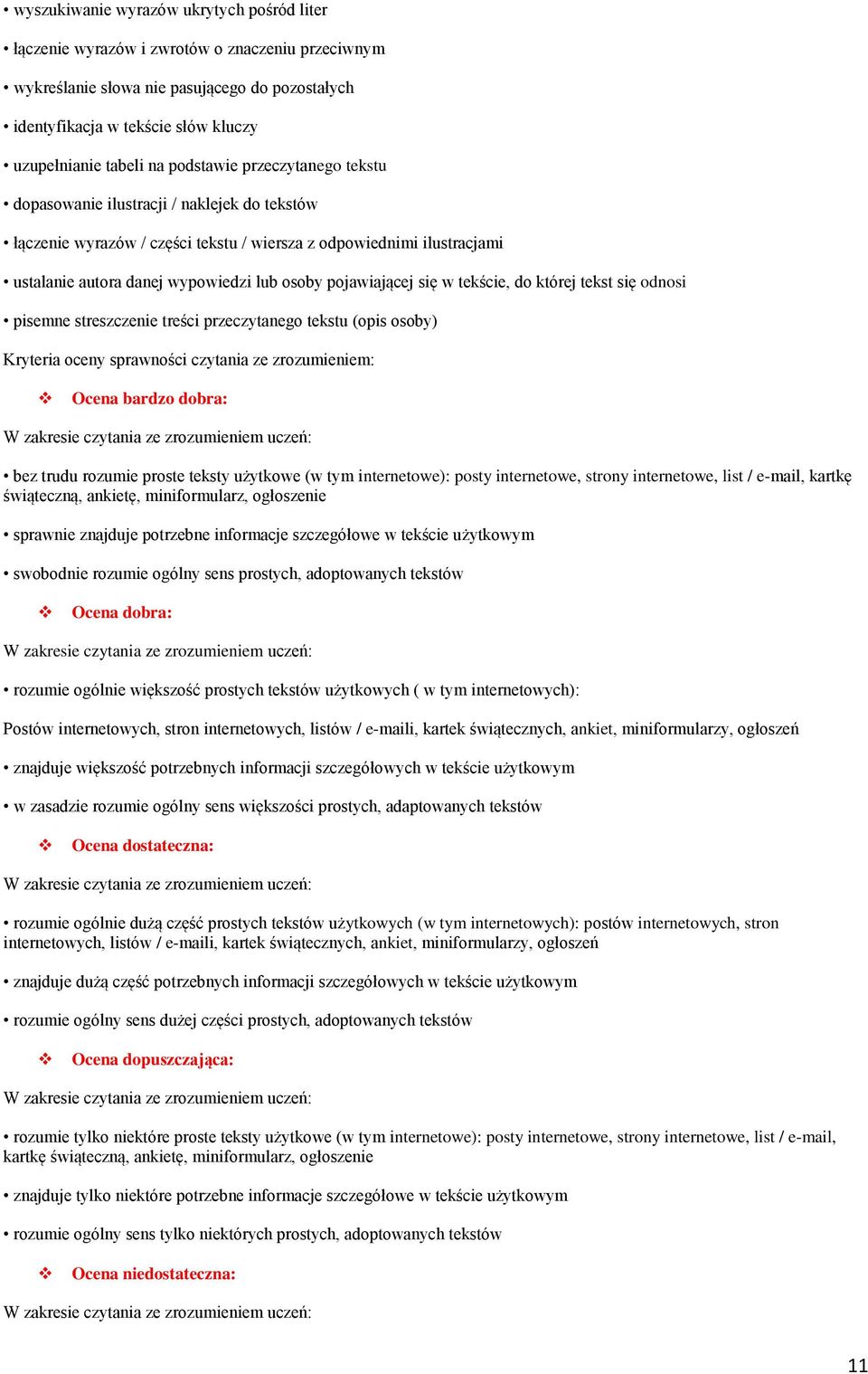 pojawiającej się w tekście, do której tekst się odnosi pisemne streszczenie treści przeczytanego tekstu (opis osoby) Kryteria oceny sprawności czytania ze zrozumieniem: Ocena bardzo dobra: W zakresie