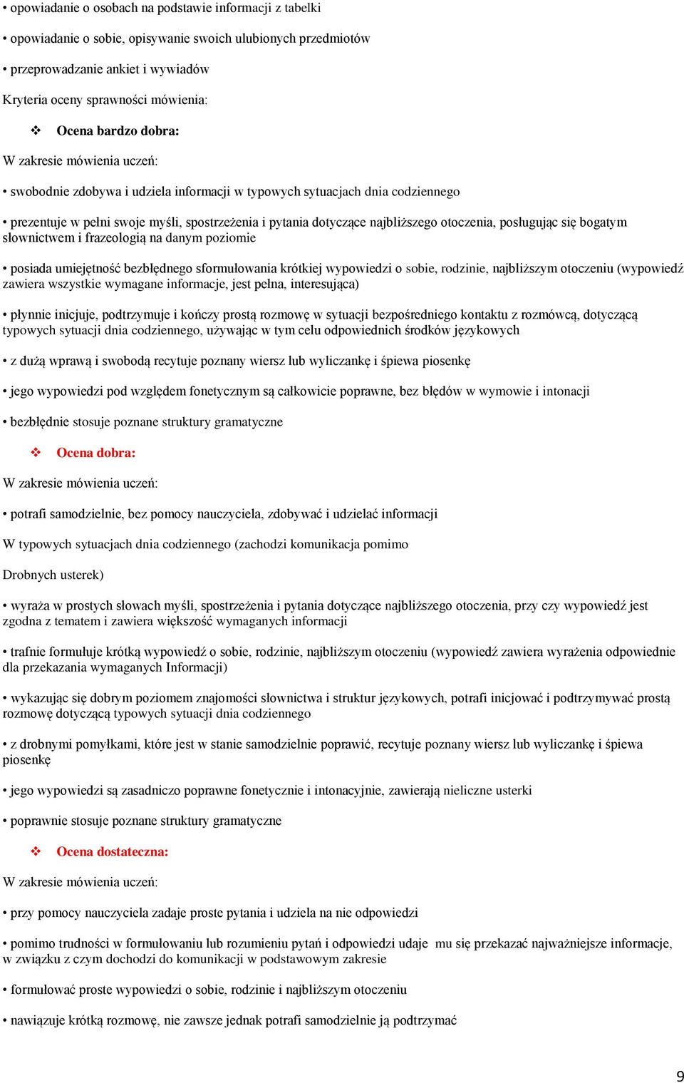 otoczenia, posługując się bogatym słownictwem i frazeologią na danym poziomie posiada umiejętność bezbłędnego sformułowania krótkiej wypowiedzi o sobie, rodzinie, najbliższym otoczeniu (wypowiedź