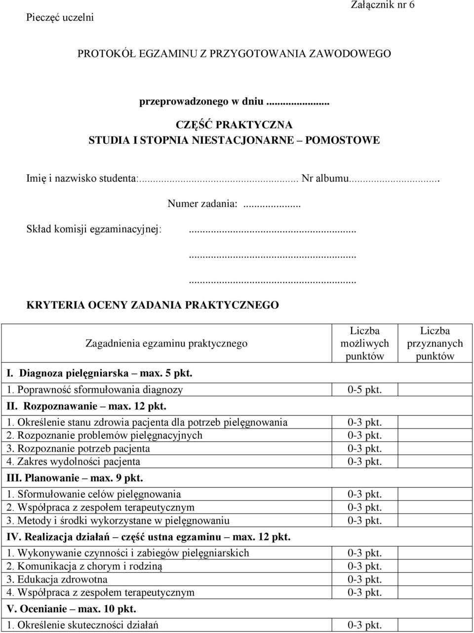 Poprawność sformułowania diagnozy 0-5 pkt. II. Rozpoznawanie max. 12 pkt. 1. Określenie stanu zdrowia pacjenta dla potrzeb pielęgnowania 0-3 pkt. 2. Rozpoznanie problemów pielęgnacyjnych 0-3 pkt. 3.