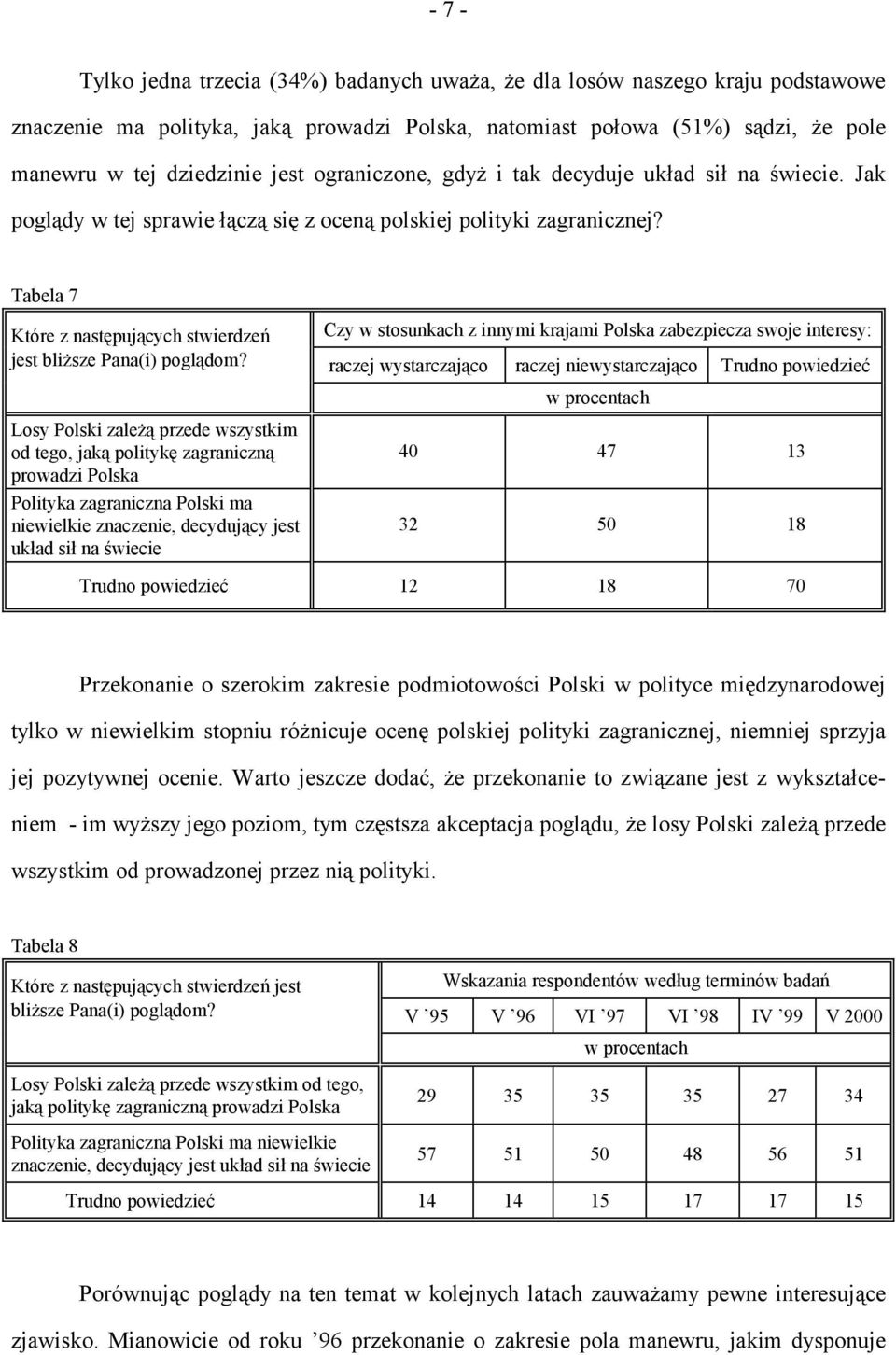 Tabela 7 Które z następujących stwierdzeń Czy w stosunkach z innymi krajami Polska zabezpiecza swoje interesy: jest bliższe Pana(i) poglądom?