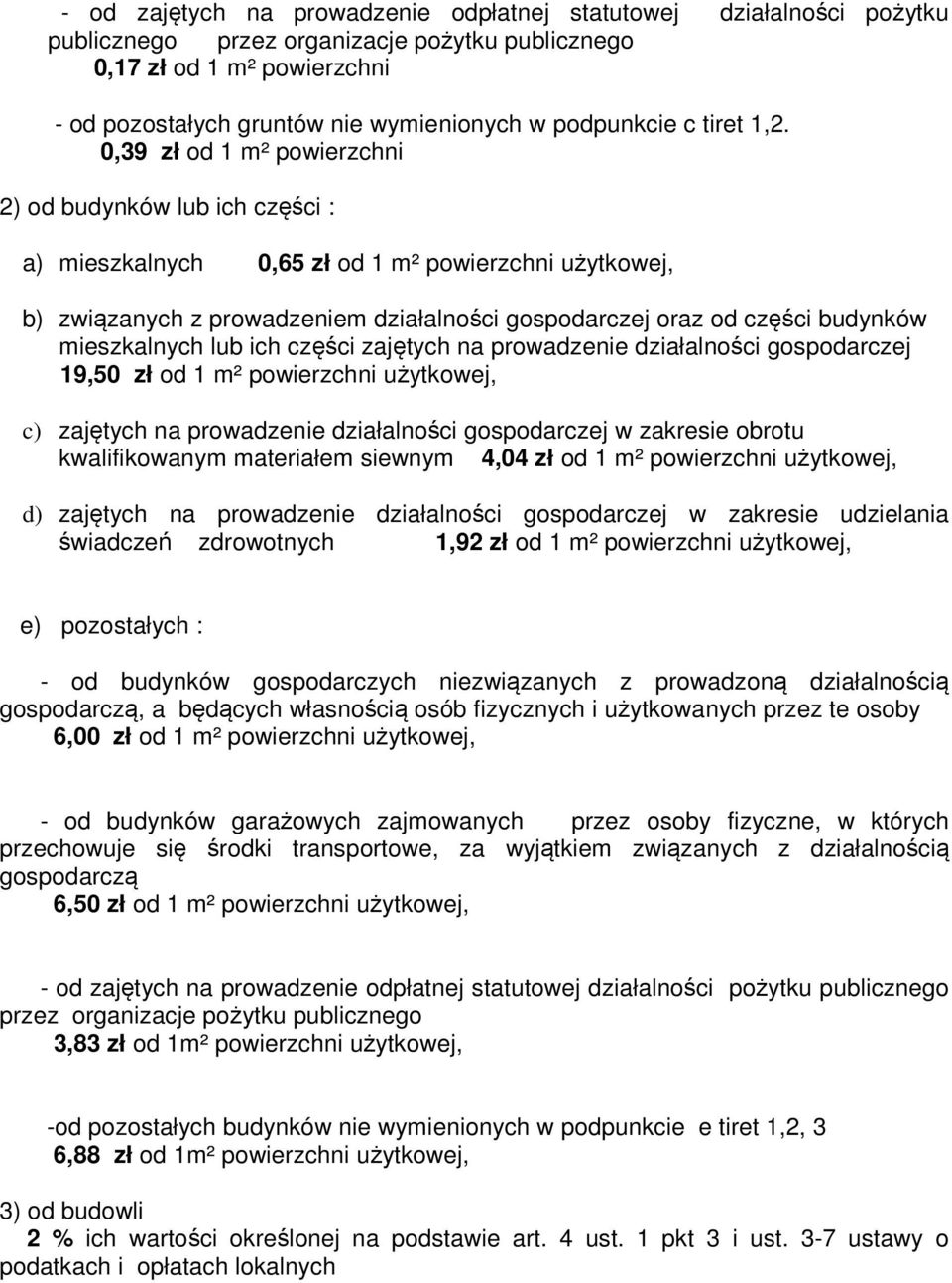 0,39 zł od 1 m² powierzchni 2) od budynków lub ich części : a) mieszkalnych 0,65 zł od 1 m² powierzchni użytkowej, b) związanych z prowadzeniem działalności gospodarczej oraz od części budynków