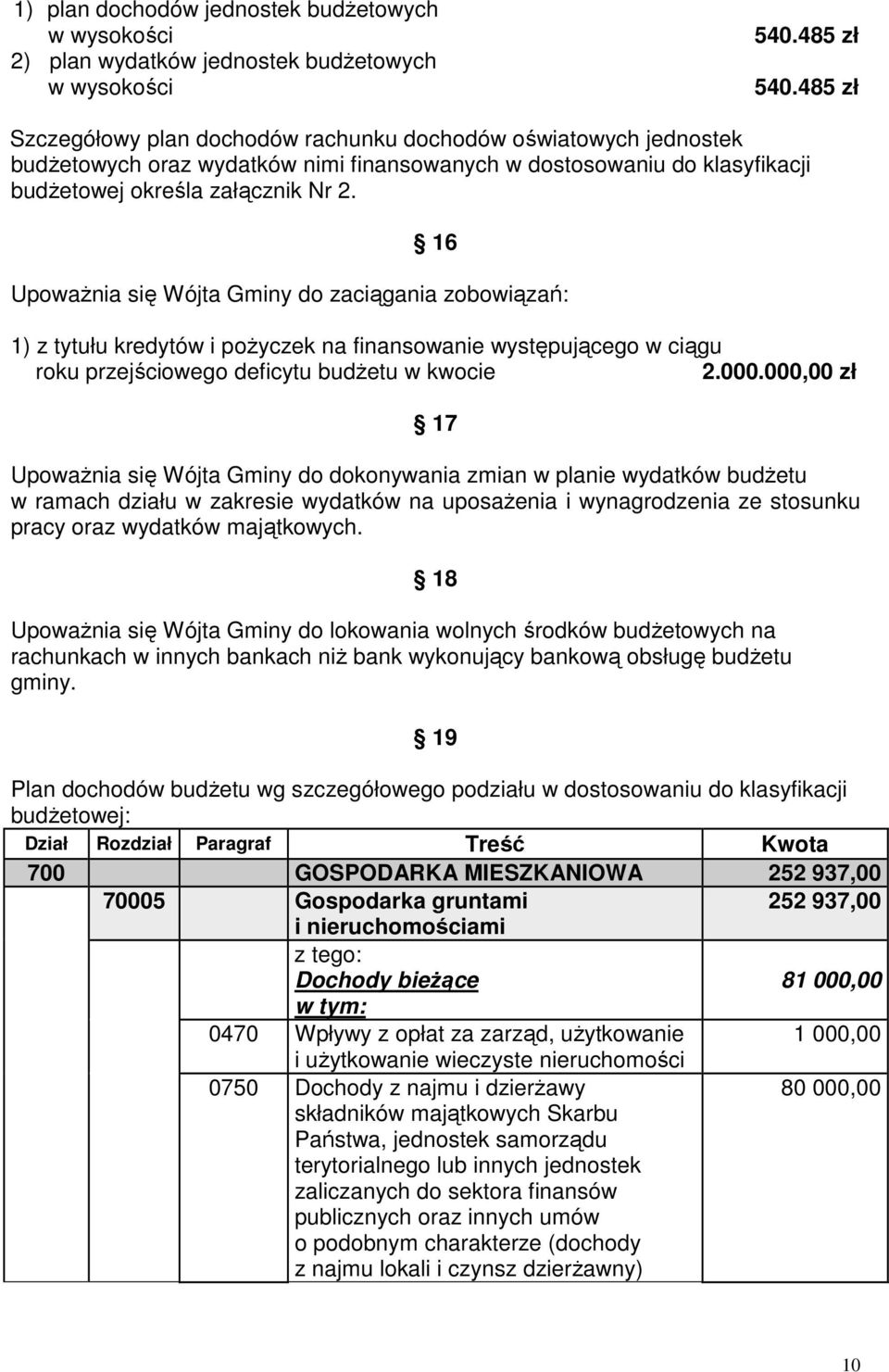 16 Upoważnia się Wójta Gminy do zaciągania zobowiązań: 1) z tytułu kredytów i pożyczek na finansowanie występującego w ciągu roku przejściowego deficytu budżetu w kwocie 2.000.