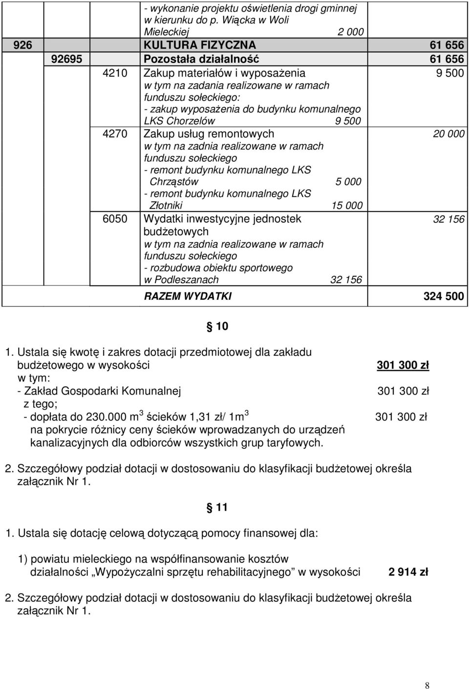 zakup wyposażenia do budynku komunalnego LKS Chorzelów 9 500 4270 Zakup usług remontowych 20 000 w tym na zadnia realizowane w ramach funduszu sołeckiego - remont budynku komunalnego LKS Chrząstów 5