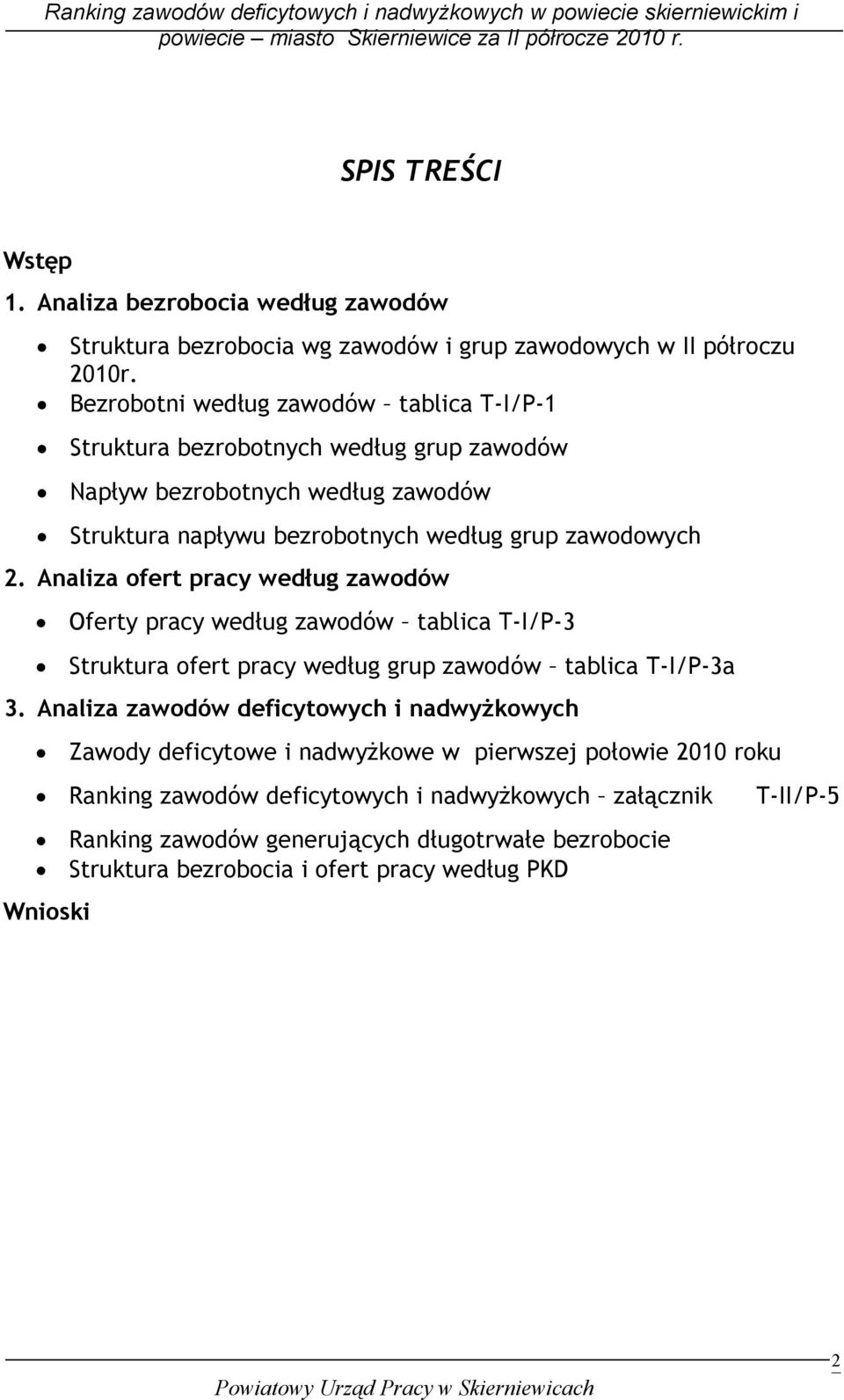 Analiza ofert pracy według zawodów Oferty pracy według zawodów tablica T-I/P-3 Struktura ofert pracy według grup zawodów tablica T-I/P-3a 3.