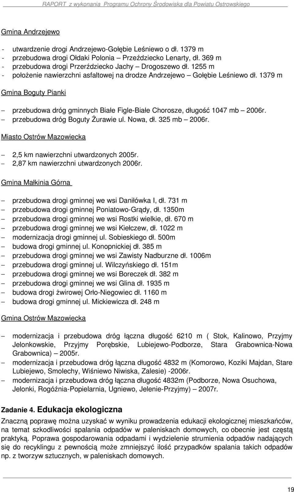 przebudowa dróg Boguty Żurawie ul. Nowa, dł. 325 mb 2006r. Miasto Ostrów Mazowiecka 2,5 km nawierzchni utwardzonych 2005r. 2,87 km nawierzchni utwardzonych 2006r.