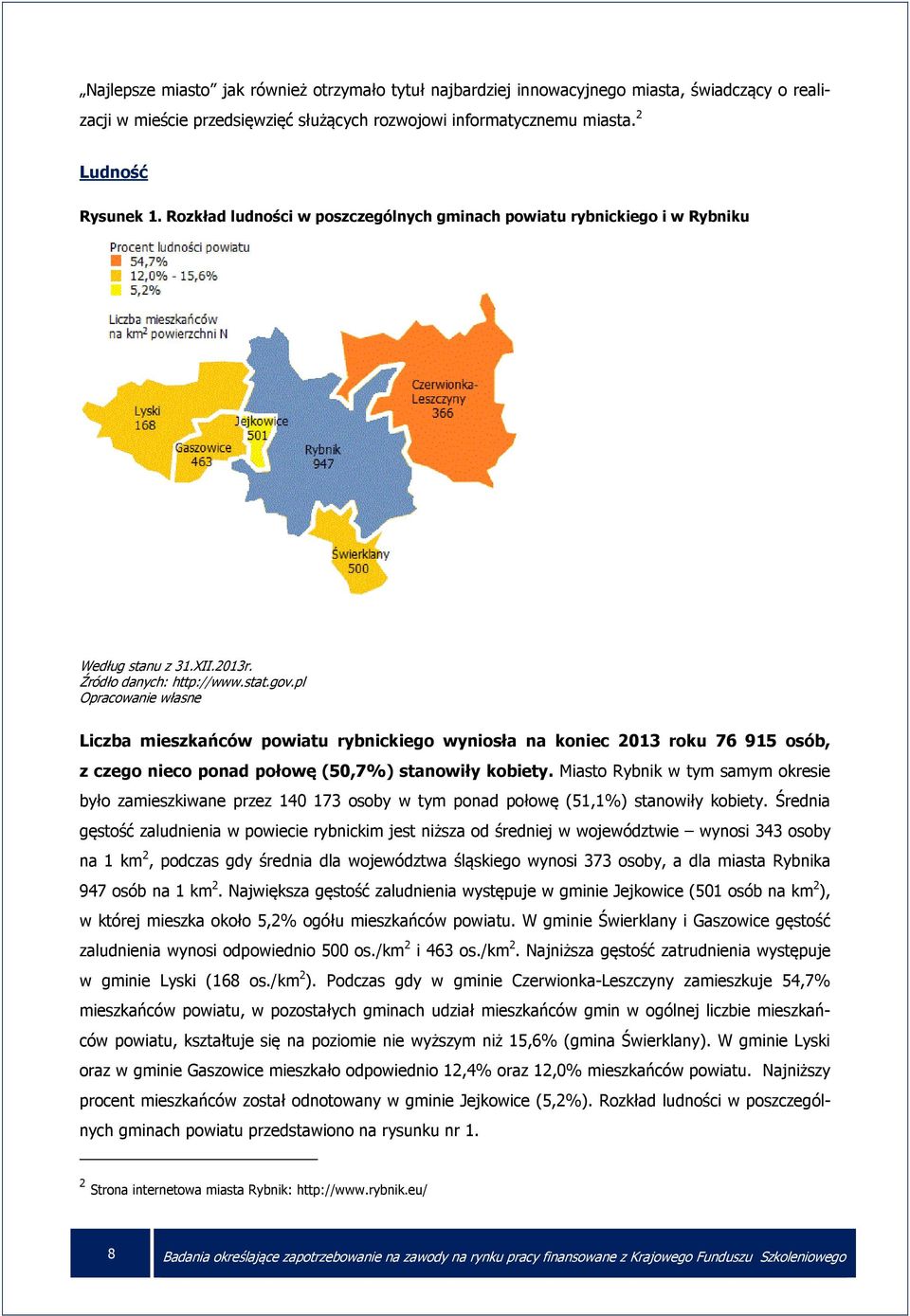 pl Opracowanie własne Liczba mieszkańców powiatu rybnickiego wyniosła na koniec 2013 roku 76 915 osób, z czego nieco ponad połowę (50,7%) stanowiły kobiety.