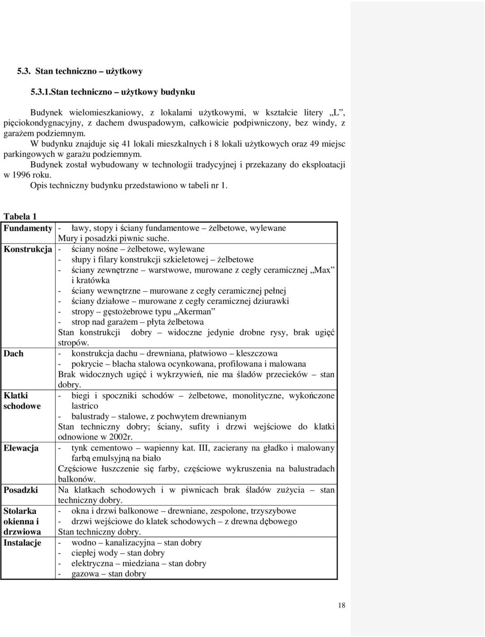 podziemnym. W budynku znajduje się 41 lokali mieszkalnych i 8 lokali uŝytkowych oraz 49 miejsc parkingowych w garaŝu podziemnym.