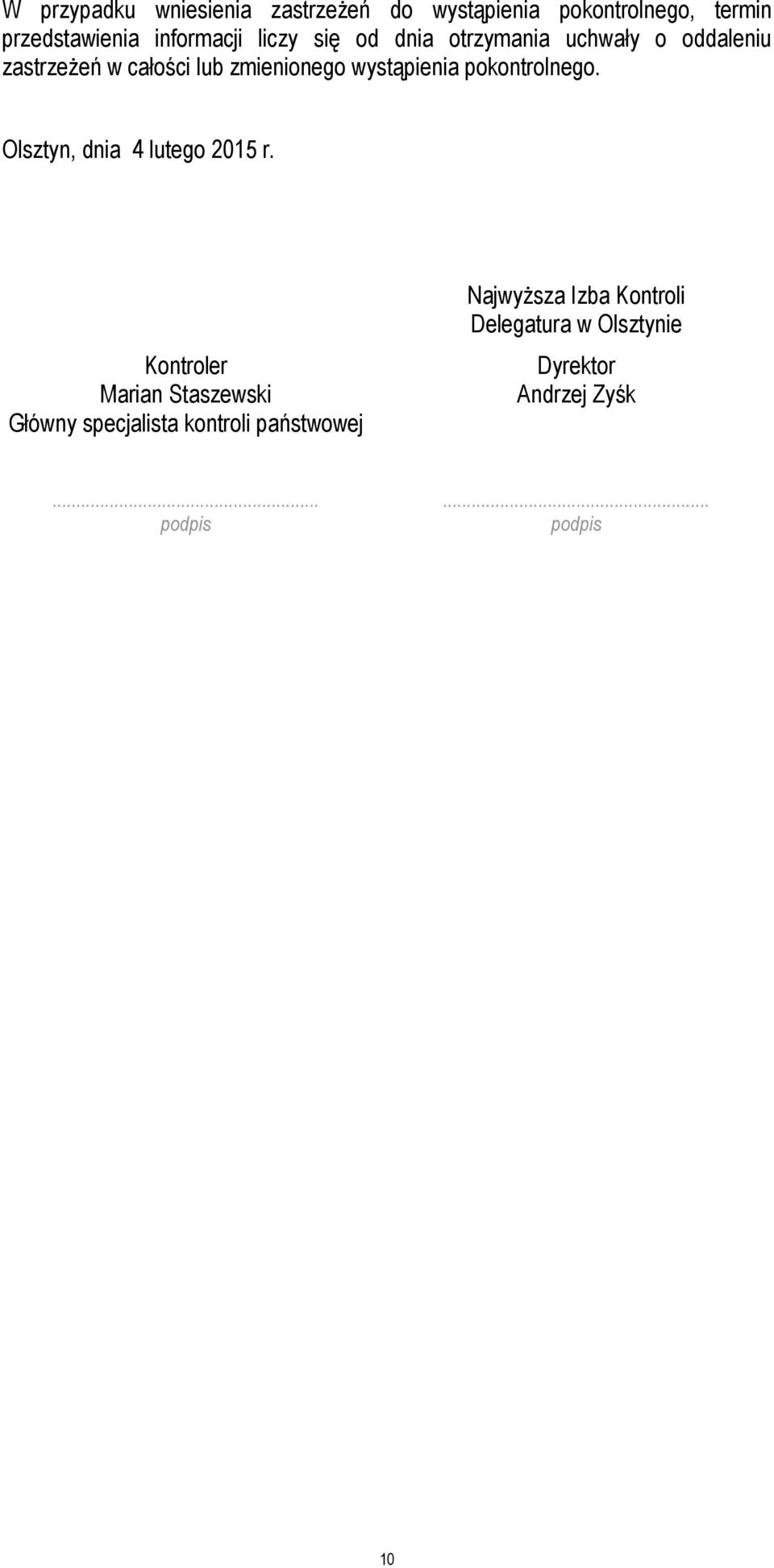 pokontrolnego. Olsztyn, dnia 4 lutego 2015 r.