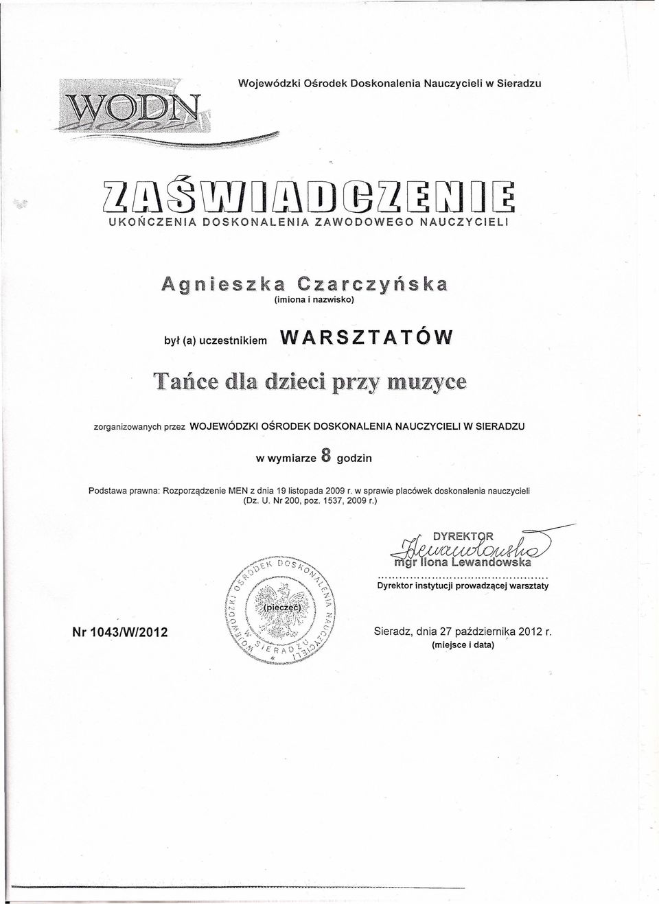 Sieradzu [1ill~WOill[)CB[1~[lO~ Agnie,s,zka Cz,arczyńska, WARSZTAT'ÓW (Dz.