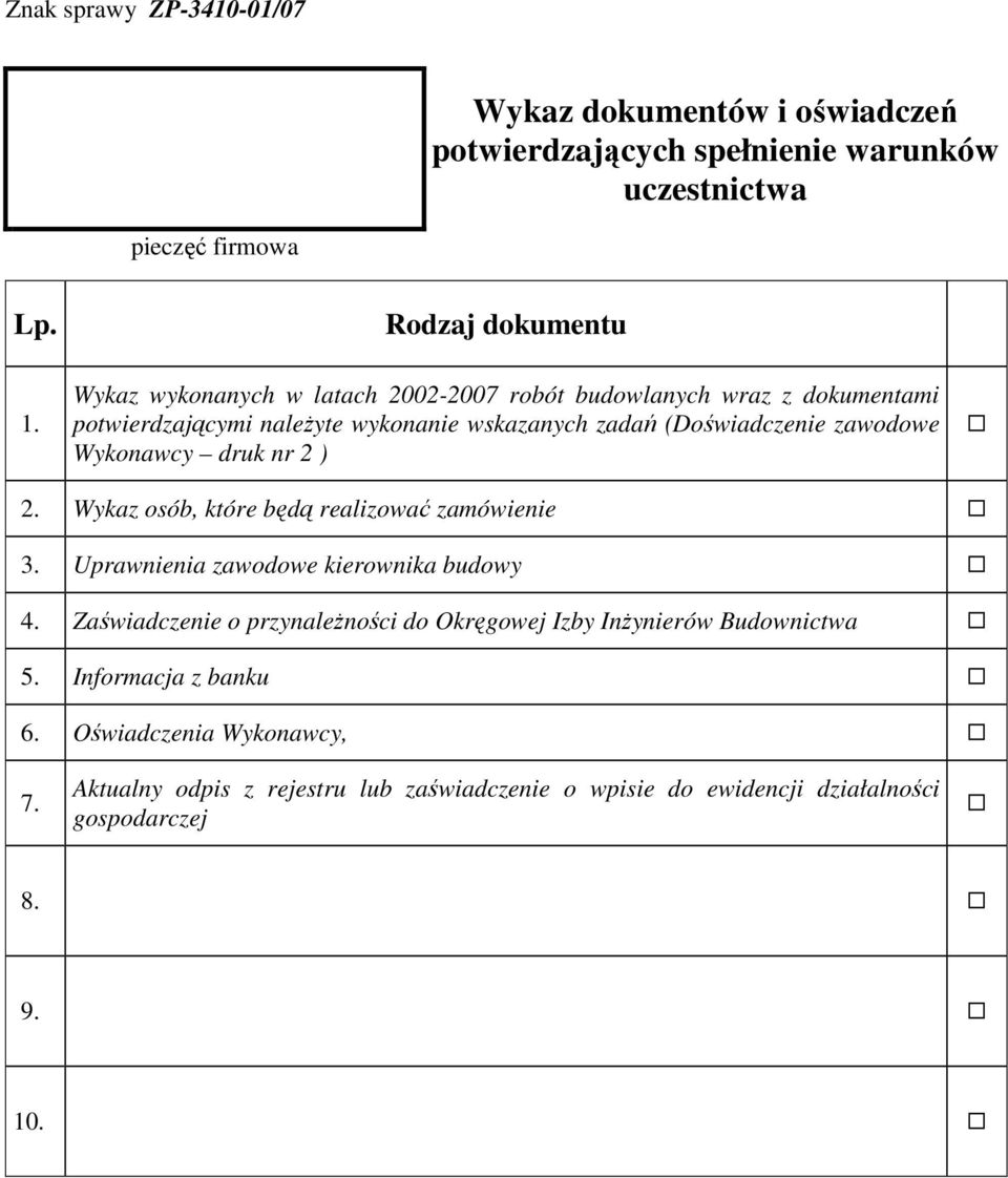 (Doświadczenie zawodowe Wykonawcy druk nr 2 ) 2. Wykaz osób, które będą realizować zamówienie 3. Uprawnienia zawodowe kierownika budowy 4.