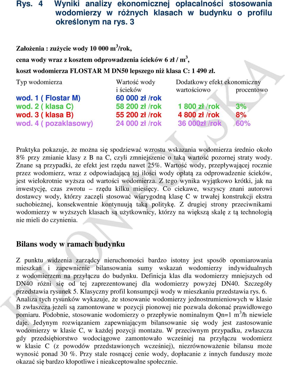 Typ wodomierza Wartość wody Dodatkowy efekt ekonomiczny i ścieków wartościowo procentowo wod. 1 ( Flostar M) 60 000 zł /rok wod. 2 ( klasa C) 58 200 zł /rok 1 800 zł /rok 3% wod.