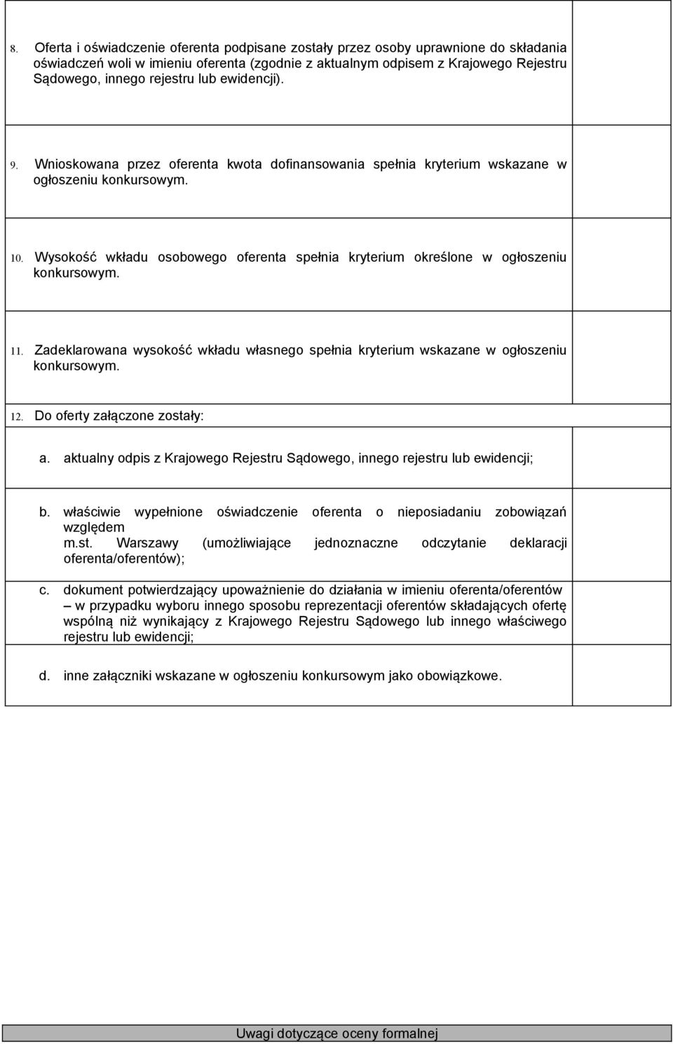 Wysokość wkładu osobowego oferenta spełnia kryterium określone w ogłoszeniu konkursowym. 11. Zadeklarowana wysokość wkładu własnego spełnia kryterium wskazane w ogłoszeniu konkursowym. 12.