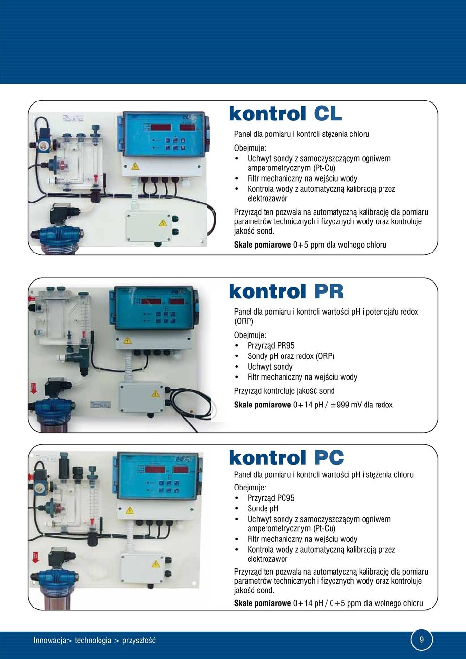 Skale pomiarowe 0+5 ppm dla wolnego chloru kontrol PR Panel dla pomiaru i kontroli wartości ph i potencjału redox (ORP) Obejmuje: Przyrząd PR95 Sondy ph oraz redox (ORP) Uchwyt sondy Filtr