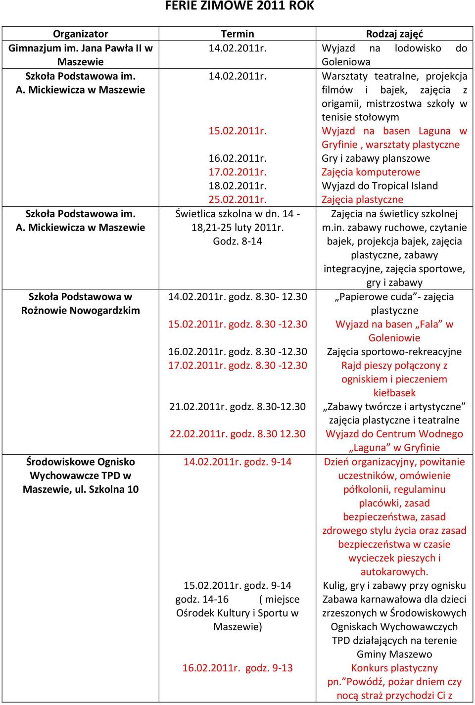 02.2011r. 25.02.2011r. Świetlica szkolna w dn. 14-18,21-25 luty 2011r. Godz. 8-14 14.02.2011r. godz. 8.30-12.30 15.02.2011r. godz. 8.30-12.30 16.02.2011r. godz. 8.30-12.30 17.02.2011r. godz. 8.30-12.30 21.