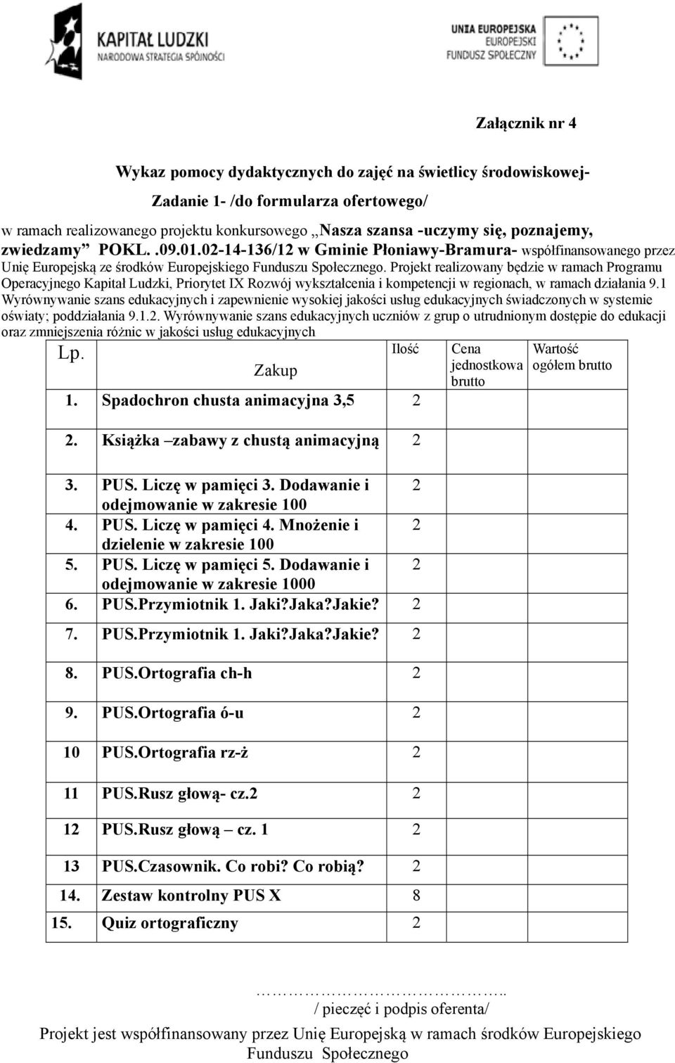Projekt realizowany będzie w ramach Programu Operacyjnego Kapitał Ludzki, Priorytet IX Rozwój wykształcenia i kompetencji w regionach, w ramach działania 9.