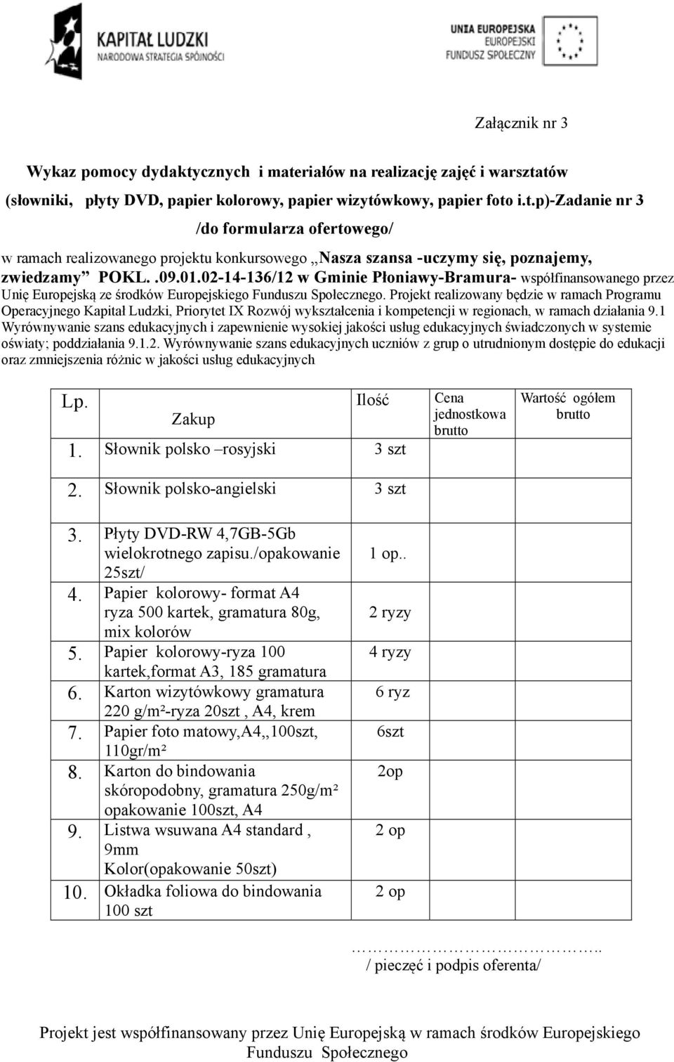Projekt realizowany będzie w ramach Programu Operacyjnego Kapitał Ludzki, Priorytet IX Rozwój wykształcenia i kompetencji w regionach, w ramach działania 9.