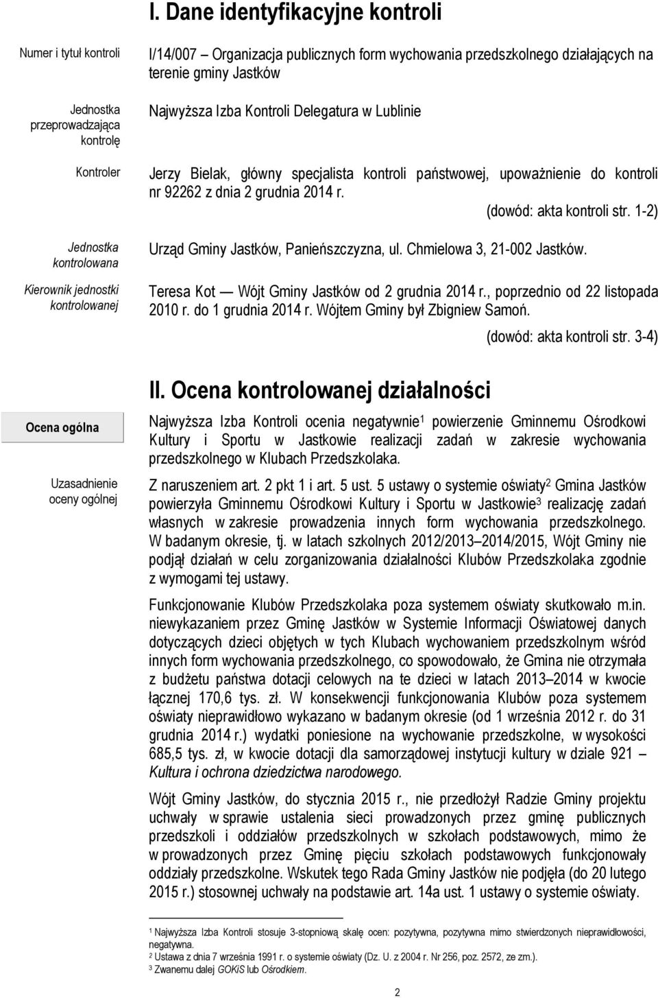 dnia 2 grudnia 2014 r. (dowód: akta kontroli str. 1-2) Urząd Gminy Jastków, Panieńszczyzna, ul. Chmielowa 3, 21-002 Jastków. Teresa Kot Wójt Gminy Jastków od 2 grudnia 2014 r.