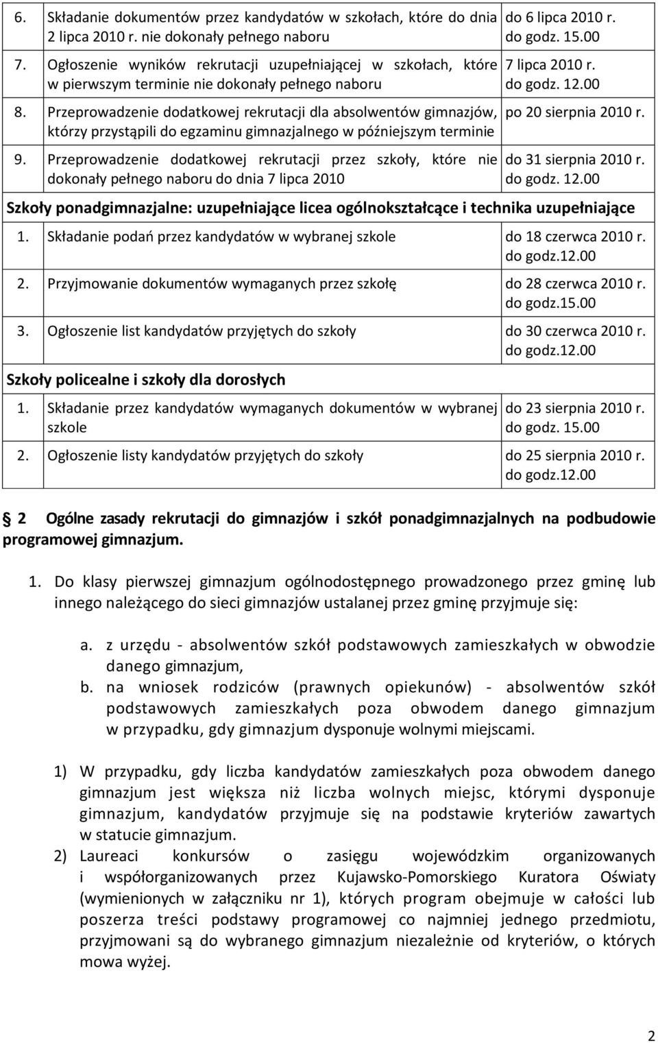 Przeprowadzenie dodatkowej rekrutacji dla absolwentów gimnazjów, którzy przystąpili do egzaminu gimnazjalnego w późniejszym terminie 9.