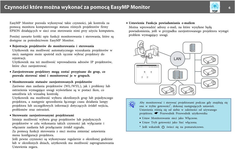 Rejestracja projektorów do monitorowania i sterowania Użytkownik ma możliwość automatycznego wyszukania projektorów w sieci; następnie może spośród nich ręcznie wybrać projektory do rejestracji.