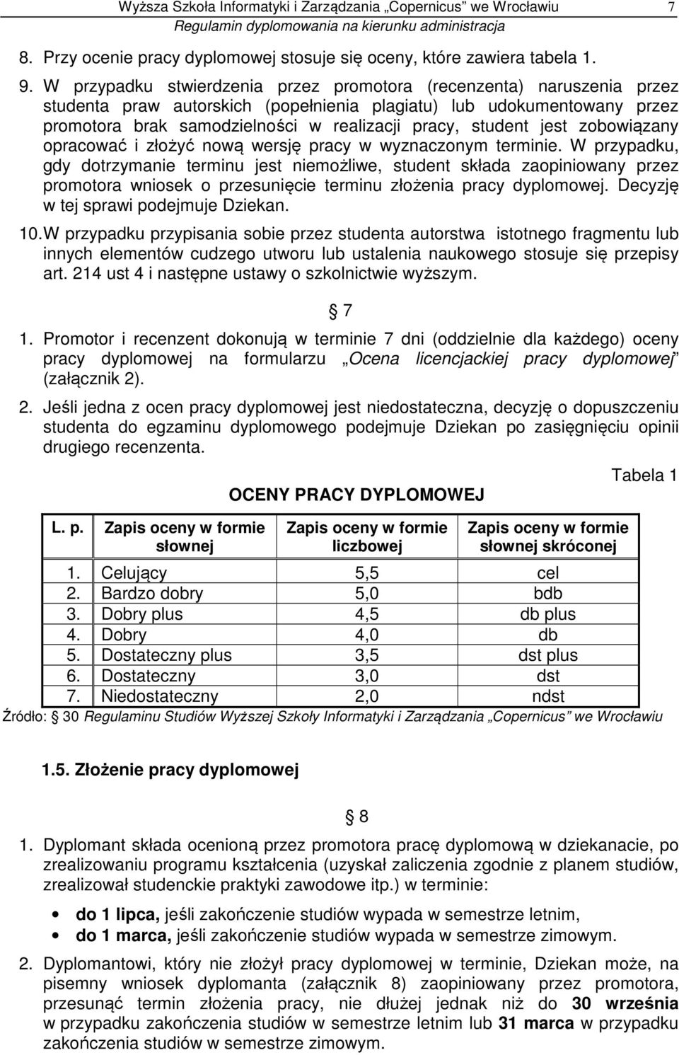 student jest zobowiązany opracować i złożyć nową wersję pracy w wyznaczonym terminie.