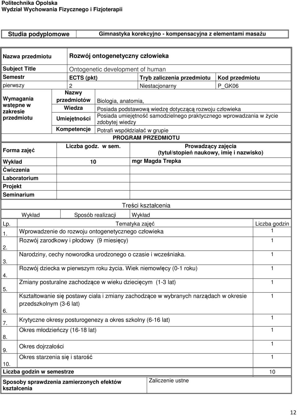 przedmiotu Forma zajęć Liczba godz. w sem.