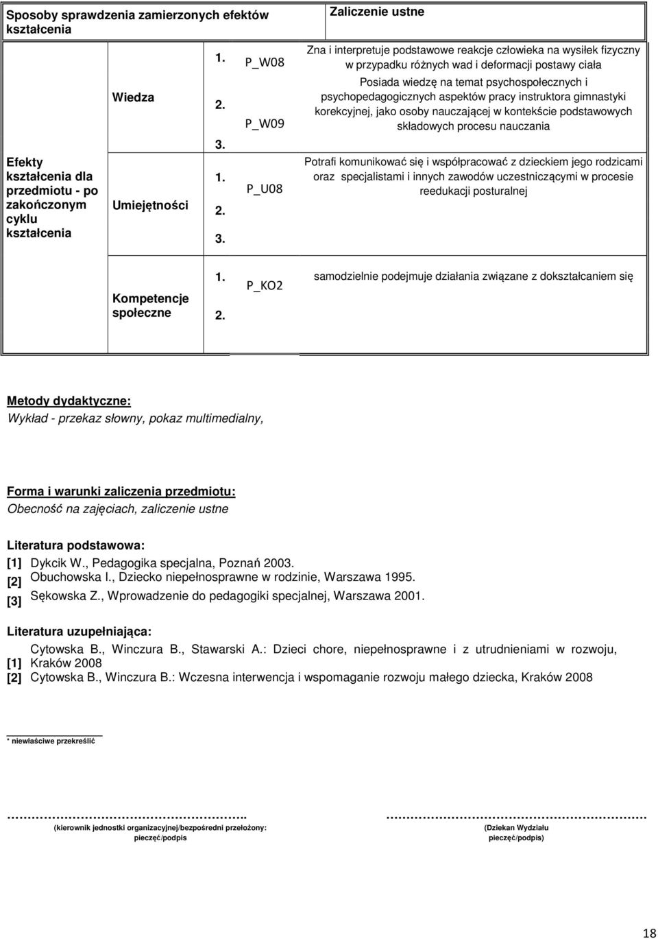 psychopedagogicznych aspektów pracy instruktora gimnastyki korekcyjnej, jako osoby nauczającej w kontekście podstawowych składowych procesu nauczania Potrafi komunikować się i współpracować z