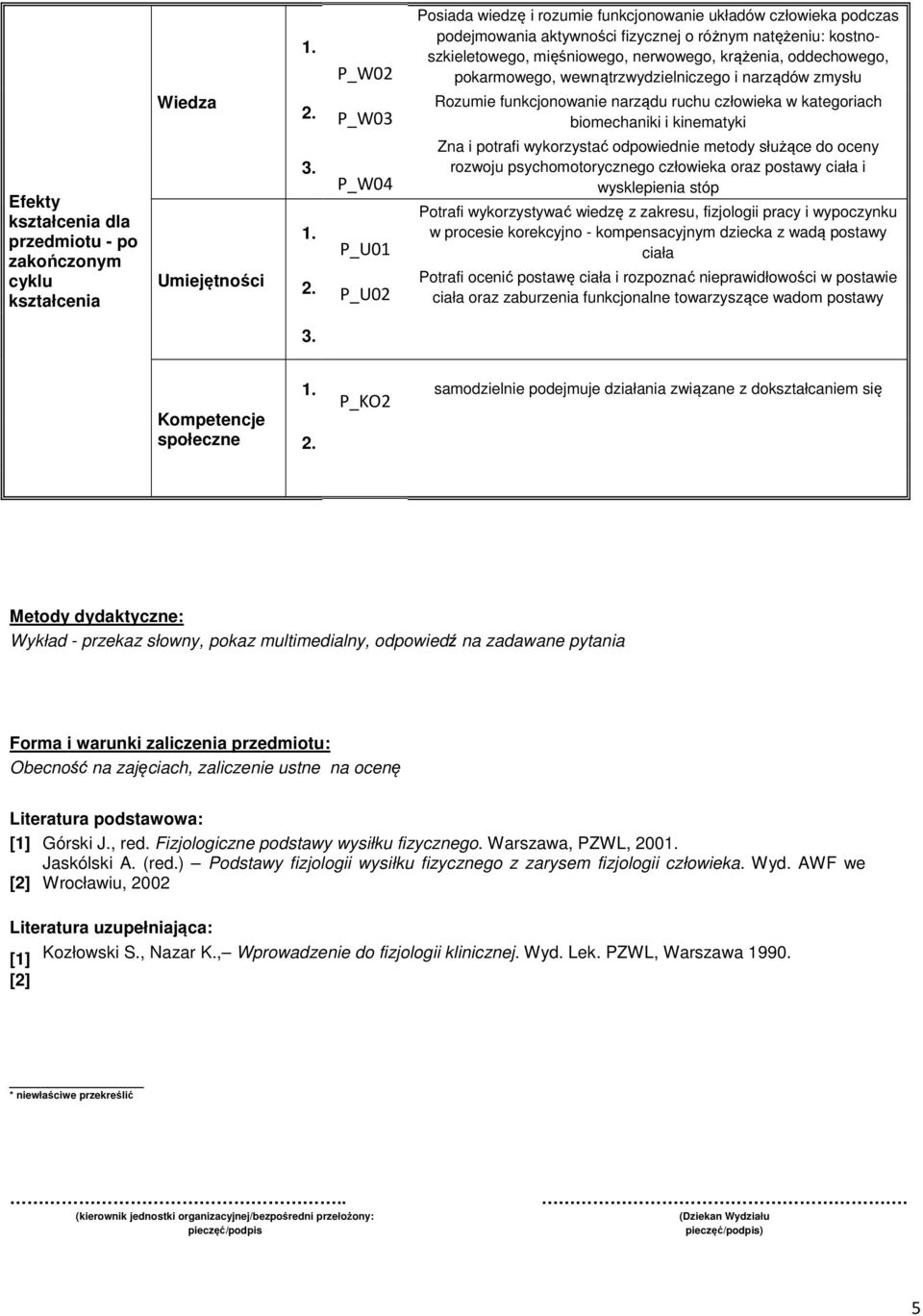 P_U0 Rozumie funkcjonowanie narządu ruchu człowieka w kategoriach biomechaniki i kinematyki Zna i potrafi wykorzystać odpowiednie metody służące do oceny rozwoju psychomotorycznego człowieka oraz