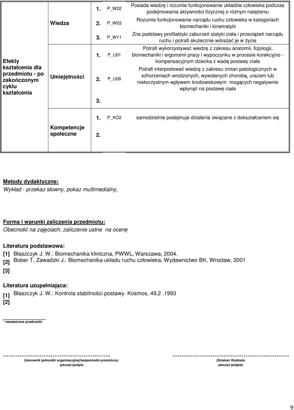 je w życie Potrafi wykorzystywać wiedzę z zakresu anatomii, fizjologii, biomechaniki i ergonomii pracy i wypoczynku w procesie korekcyjno - kompensacyjnym dziecka z wadą postawy ciała Potrafi