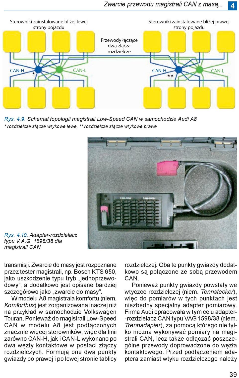 Schemat topologii magistrali Low-Speed CAN w samochodzie Audi A8 * rozdzielcze złącze wtykowe lewe, ** rozdzielcze złącze wtykowe prawe Rys. 4.10. Adapter-rozdzielacz typu V.A.G.