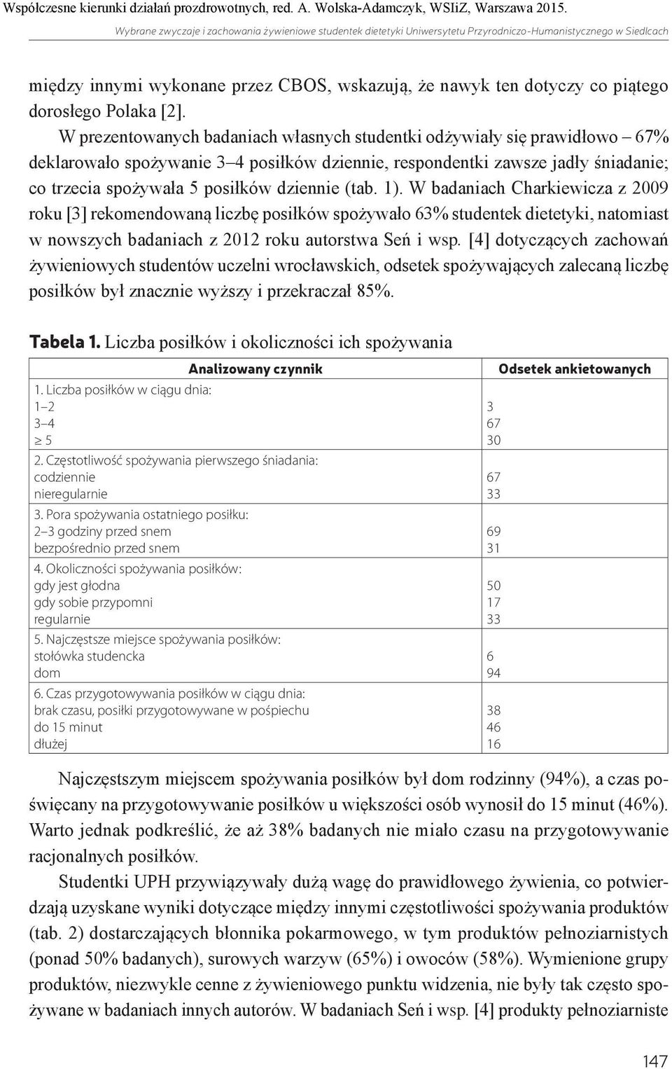 W prezentowanych badaniach własnych studentki odżywiały się prawidłowo 67% deklarowało spożywanie 3 4 posiłków dziennie, respondentki zawsze jadły śniadanie; co trzecia spożywała 5 posiłków dziennie