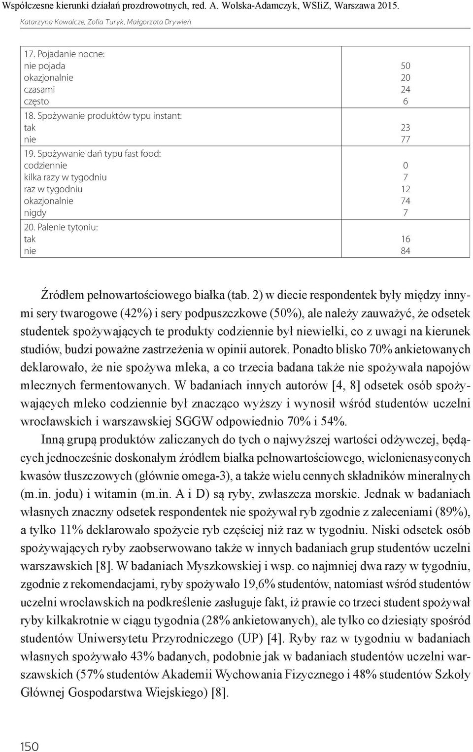 2) w diecie respondentek były między innymi sery twarogowe (42%) i sery podpuszczkowe (50%), ale należy zauważyć, że odsetek studentek spożywających te produkty był niewielki, co z uwagi na kierunek