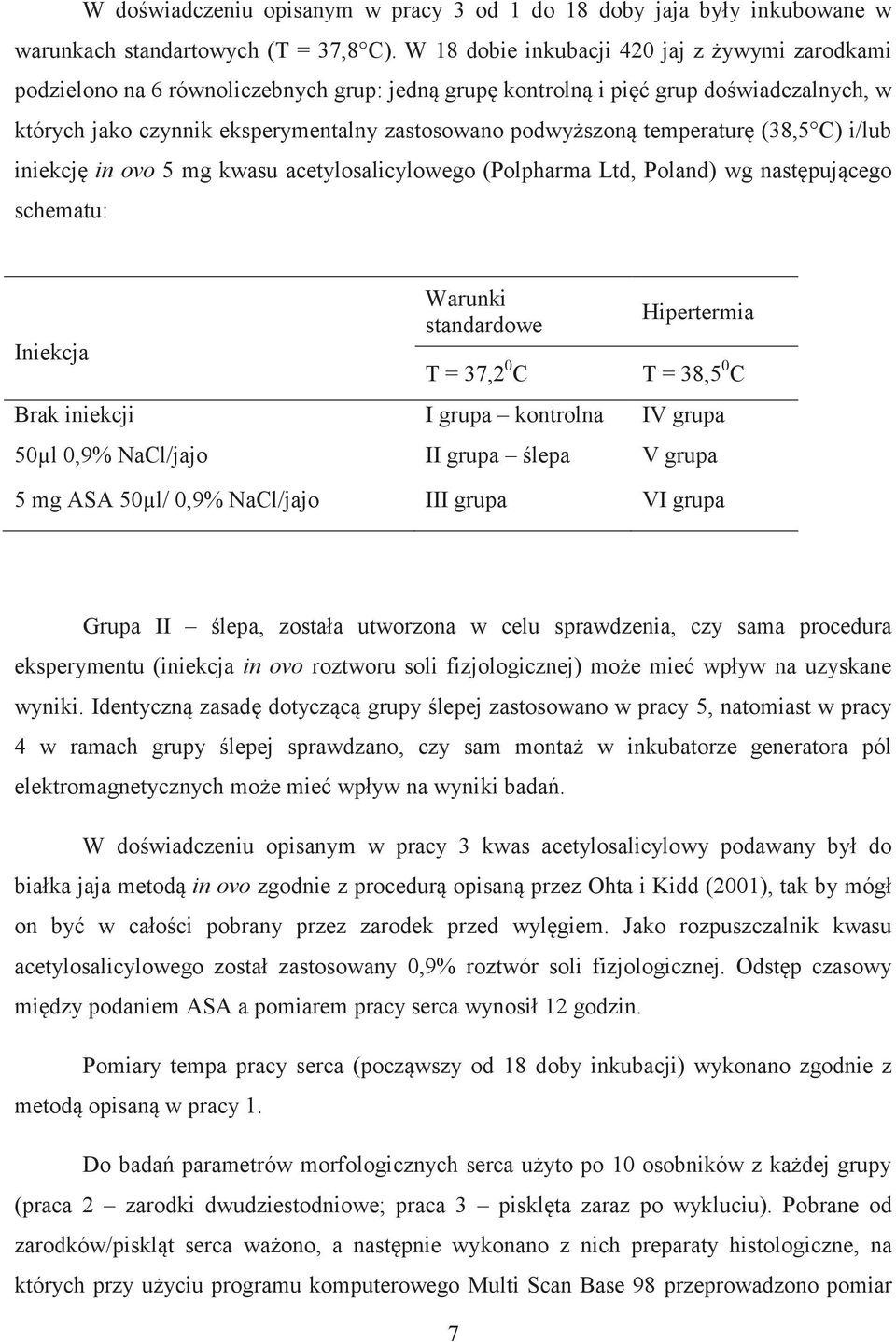 temperaturę (38,5 C) i/lub iniekcję in ovo 5 mg kwasu acetylosalicylowego (Polpharma Ltd, Poland) wg następującego schematu: Iniekcja Warunki standardowe T = 37,2 0 C Hipertermia T = 38,5 0 C Brak