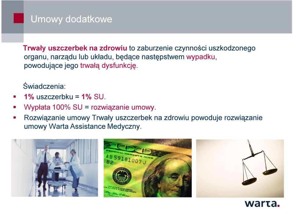 dysfunkcję. Świadczenia: 1% uszczerbku = 1% SU. Wypłata 100% SU = rozwiązanie umowy.