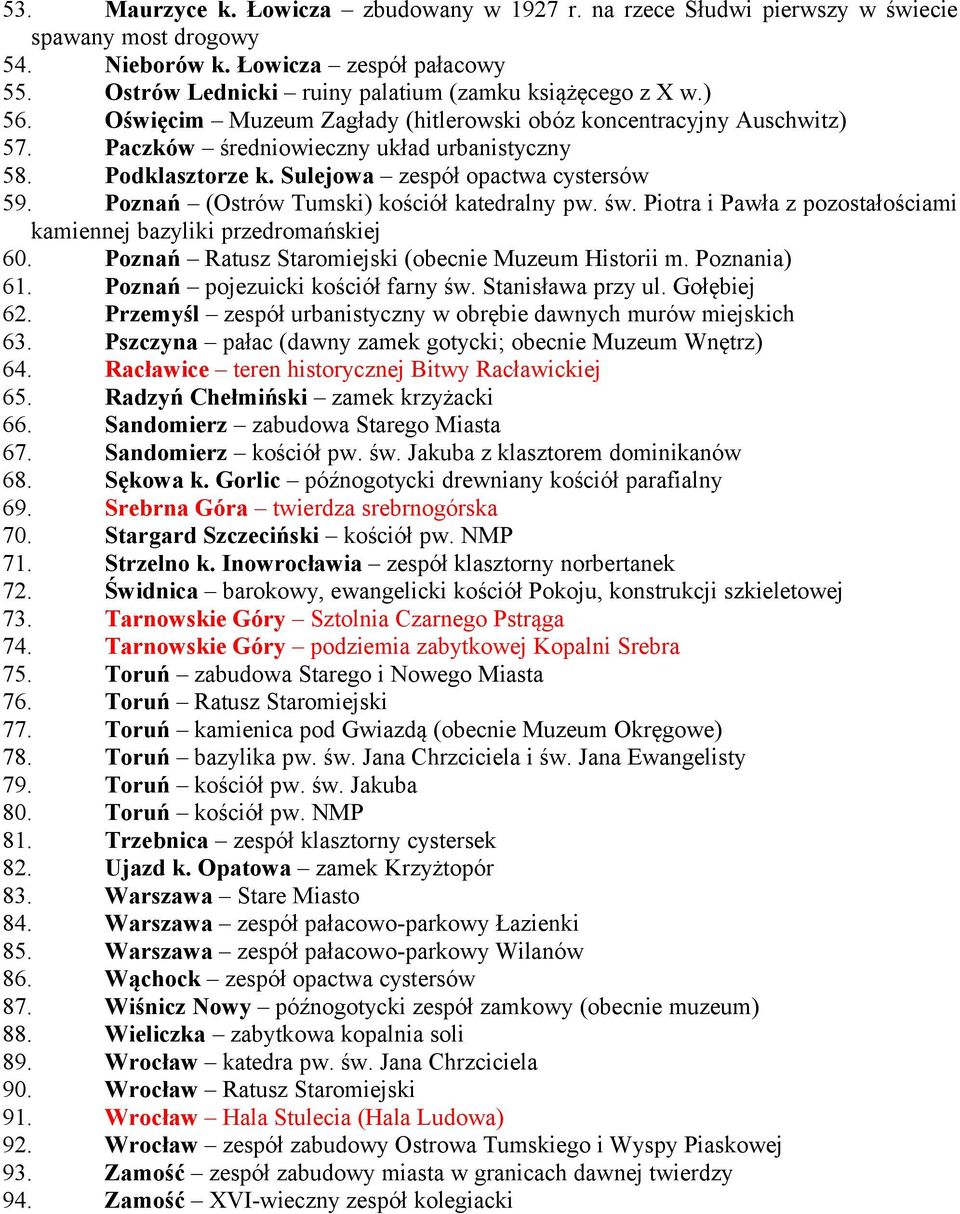 Poznań (Ostrów Tumski) kościół katedralny pw. św. Piotra i Pawła z pozostałościami kamiennej bazyliki przedromańskiej 60. Poznań Ratusz Staromiejski (obecnie Muzeum Historii m. Poznania) 61.