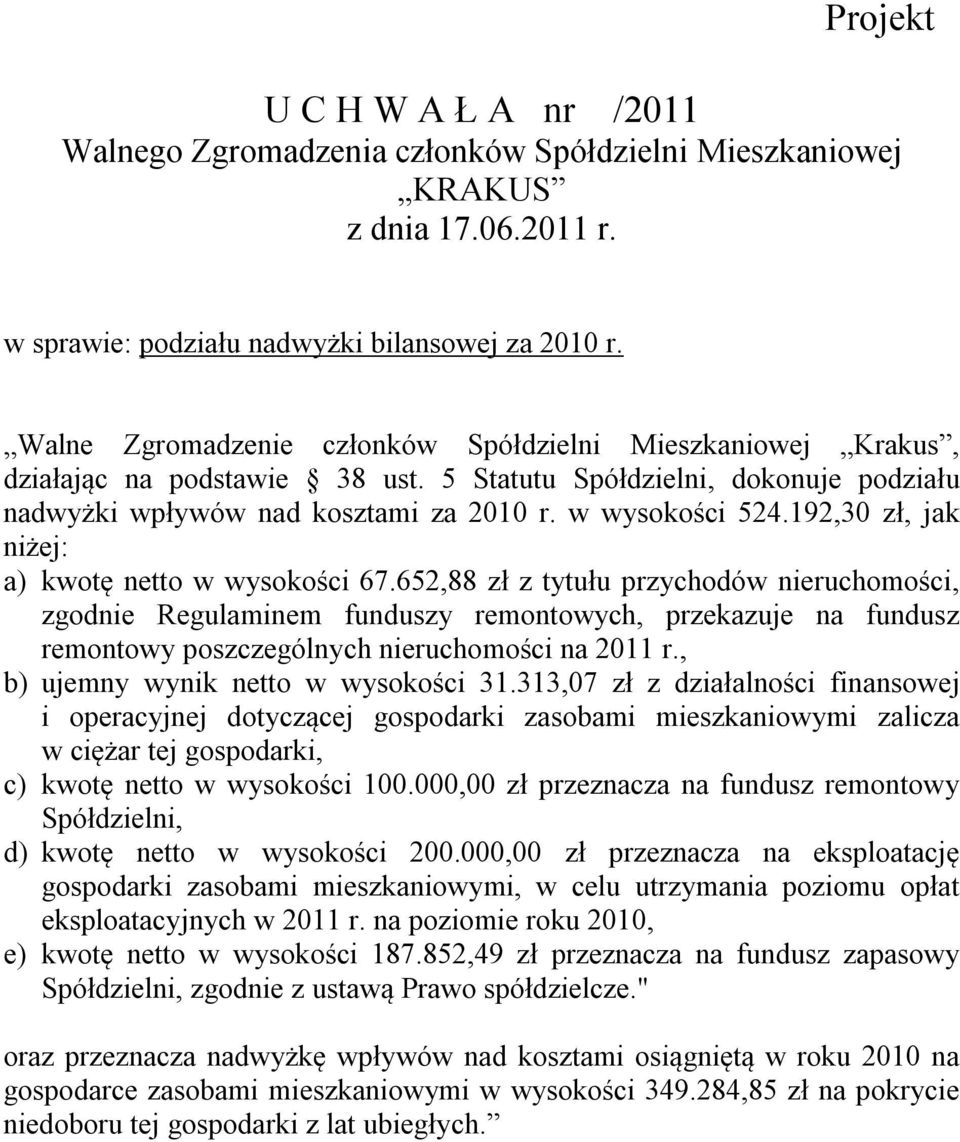 652,88 zł z tytułu przychodów nieruchomości, zgodnie Regulaminem funduszy remontowych, przekazuje na fundusz remontowy poszczególnych nieruchomości na 2011 r., b) ujemny wynik netto w wysokości 31.