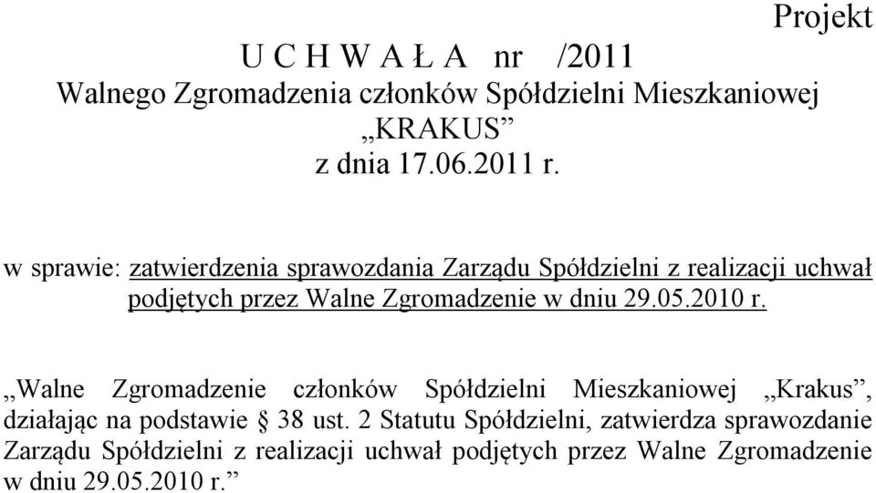 Walne Zgromadzenie członków Spółdzielni Mieszkaniowej Krakus, działając na podstawie 38 ust.