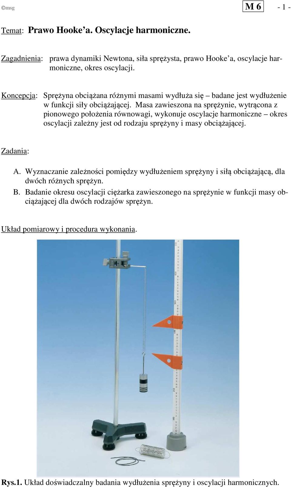 Masa zawieszona na sprężynie, wytrącona z pionowego położenia równowagi, wyonuje oscylacje haroniczne ores oscylacji zależny jest od rodzaju sprężyny i asy obciążającej. Zadania: A.