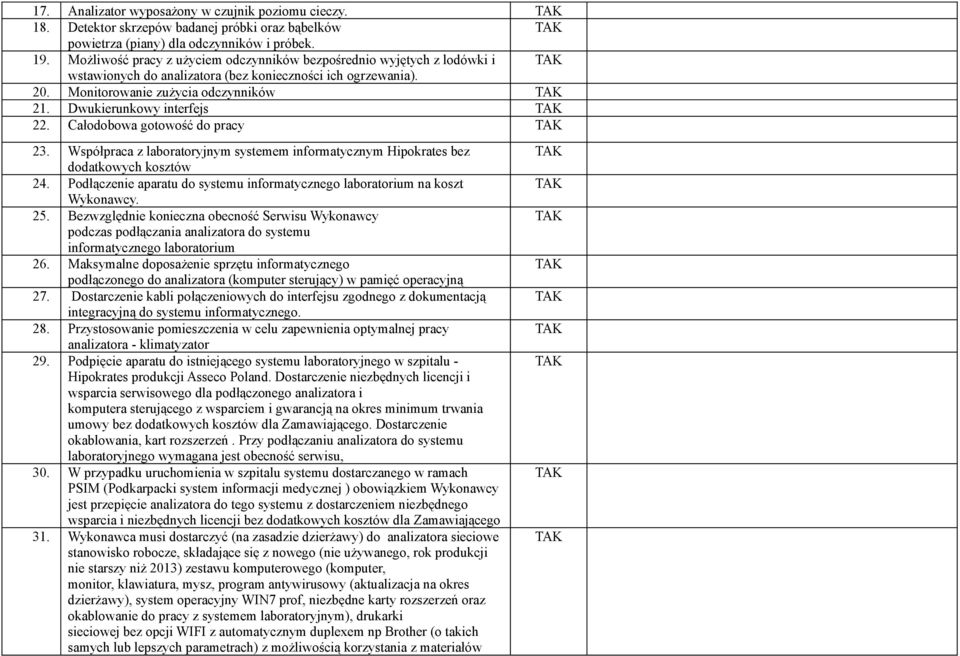 Dwukierunkowy interfejs 22. Całodobowa gotowość do pracy 23. Współpraca z laboratoryjnym systemem informatycznym Hipokrates bez dodatkowych kosztów 24.