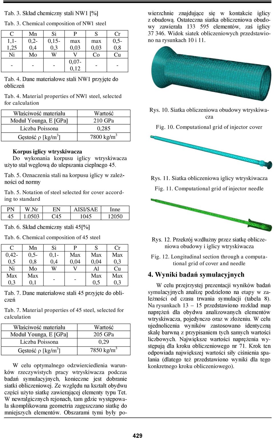 Material properties of NW1 steel, selected for calculation Właściwość materiału Wartość Moduł Younga, E [GPa] 210 GPa Liczba Poissona 0,285 Gęstość [kg/m 3 ] 7800 kg/m 3 Korpus iglicy wtryskiwacza Do