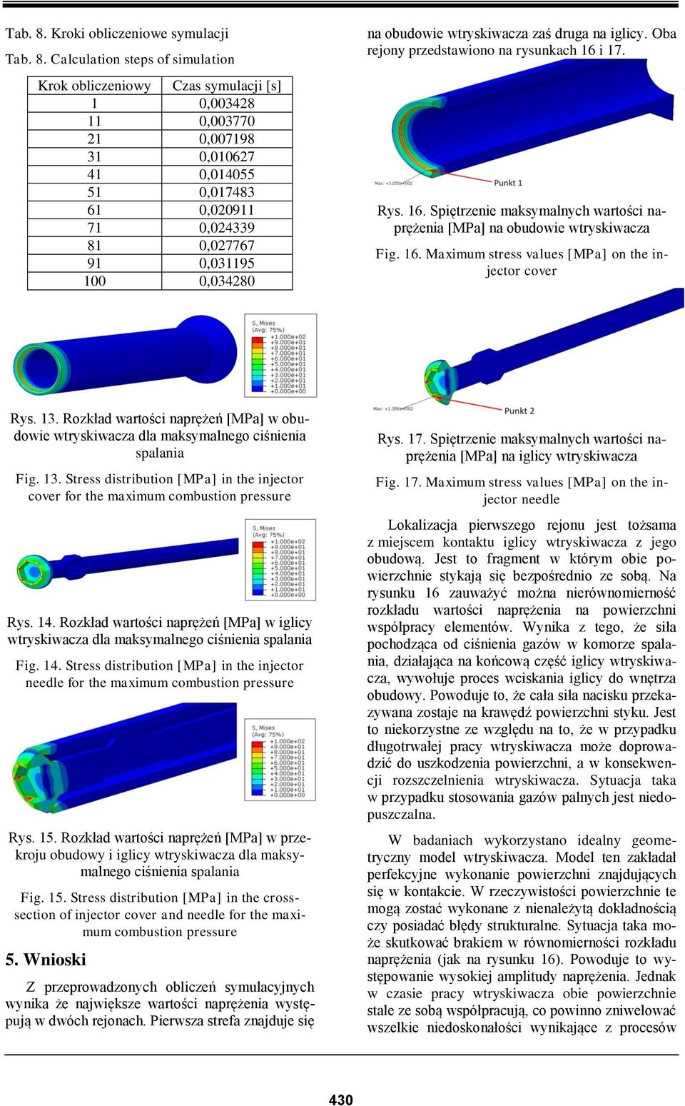 0,027767 91 0,031195 100 0,034280 na obudowie wtryskiwacza zaś druga na iglicy. Oba rejony przedstawiono na rysunkach 16 