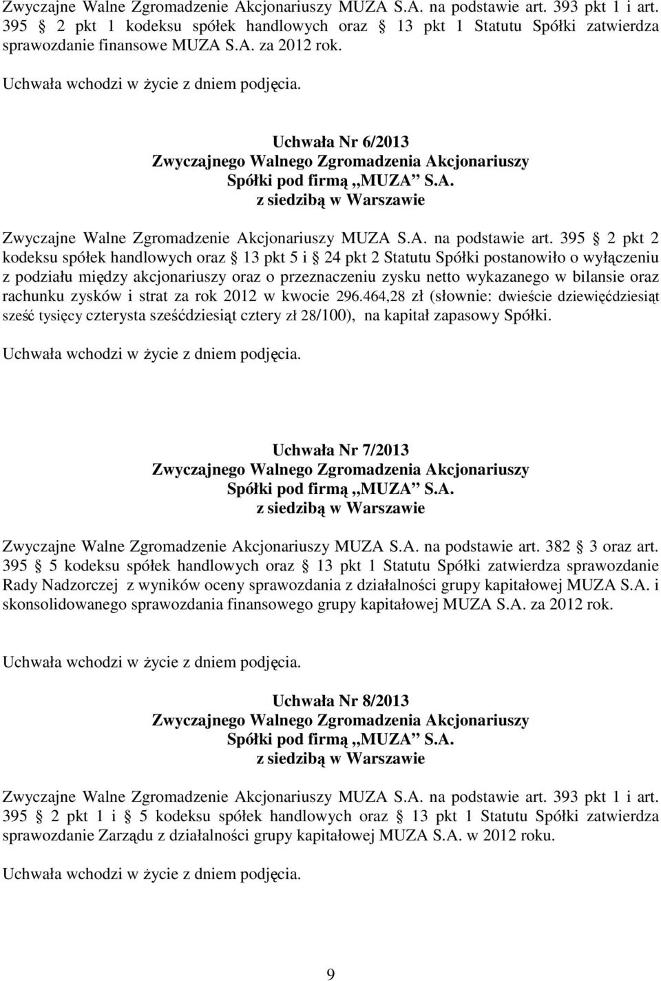 395 2 pkt 2 kodeksu spółek handlowych oraz 13 pkt 5 i 24 pkt 2 Statutu Spółki postanowiło o wyłączeniu z podziału między akcjonariuszy oraz o przeznaczeniu zysku netto wykazanego w bilansie oraz