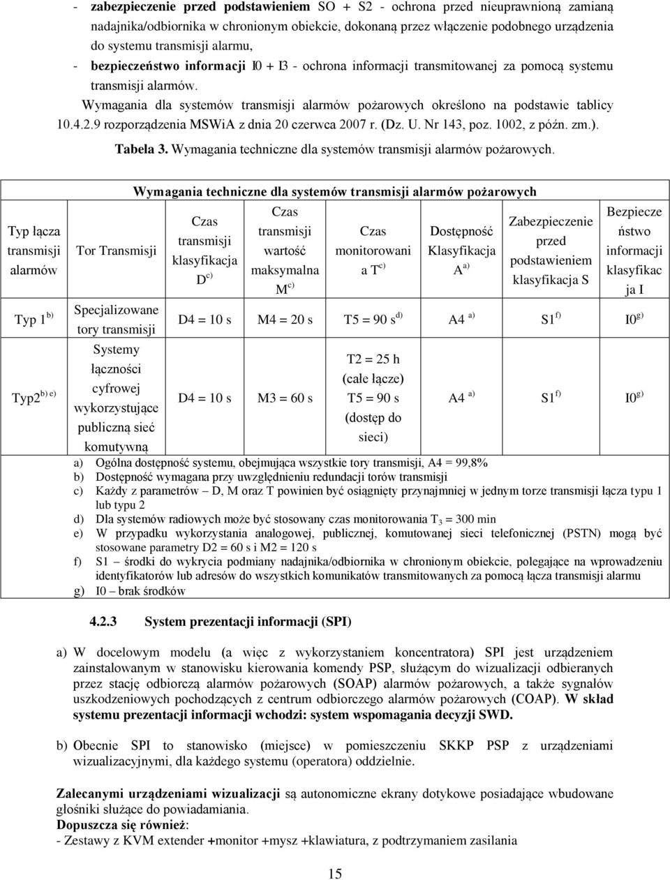Wymagania dla systemów transmisji alarmów pożarowych określono na podstawie tablicy 10.4.2.9 rozporządzenia MSWiA z dnia 20 czerwca 2007 r. (Dz. U. Nr 143, poz. 1002, z późn. zm.). Tabela 3.