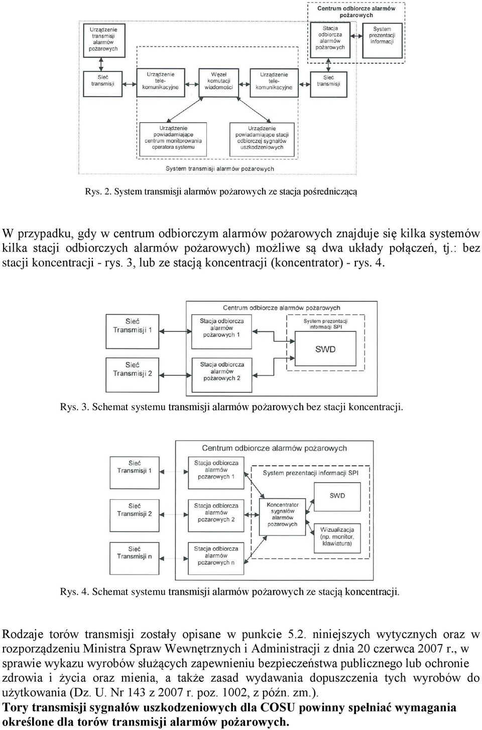 są dwa układy połączeń, tj.: bez stacji koncentracji - rys. 3, lub ze stacją koncentracji (koncentrator) - rys. 4. Rys. 3. Schemat systemu transmisji alarmów pożarowych bez stacji koncentracji. Rys. 4. Schemat systemu transmisji alarmów pożarowych ze stacją koncentracji.