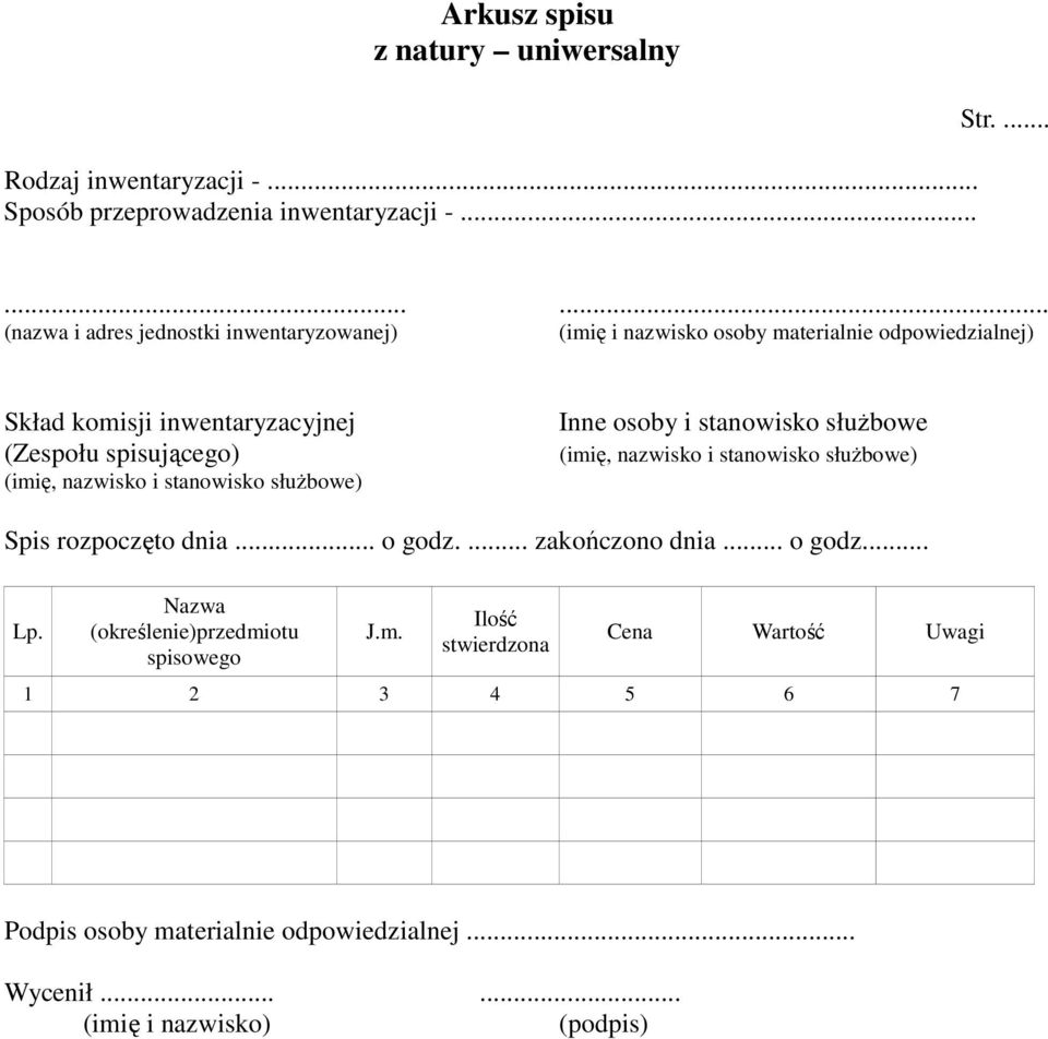 spisującego) (imię, nazwisko i stanowisko służbowe) Inne osoby i stanowisko służbowe (imię, nazwisko i stanowisko służbowe) Spis rozpoczęto dnia... o godz.