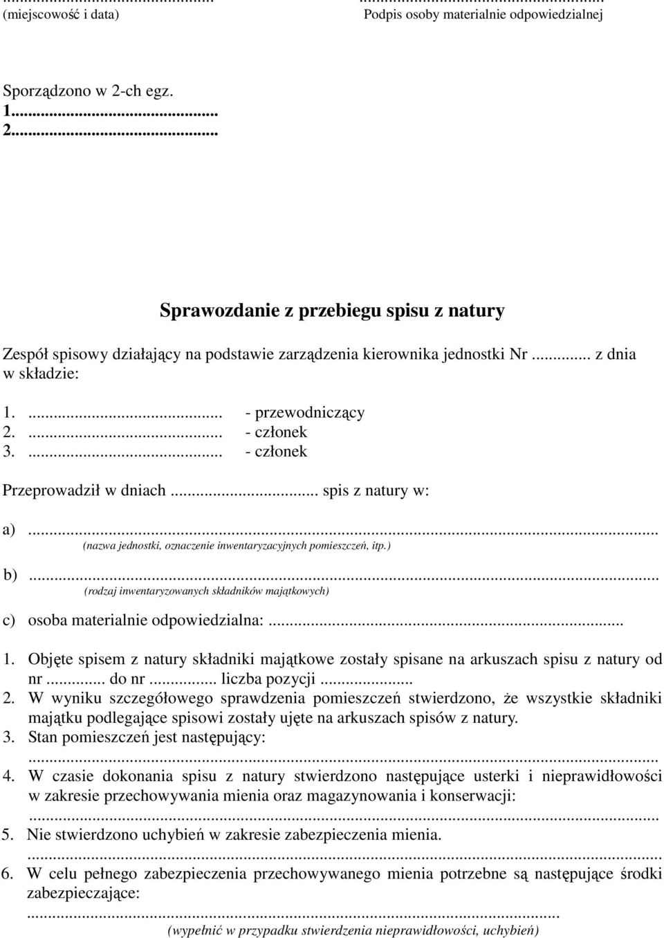 ... - członek Przeprowadził w dniach... spis z natury w: a)... (nazwa jednostki, oznaczenie inwentaryzacyjnych pomieszczeń, itp.) b).