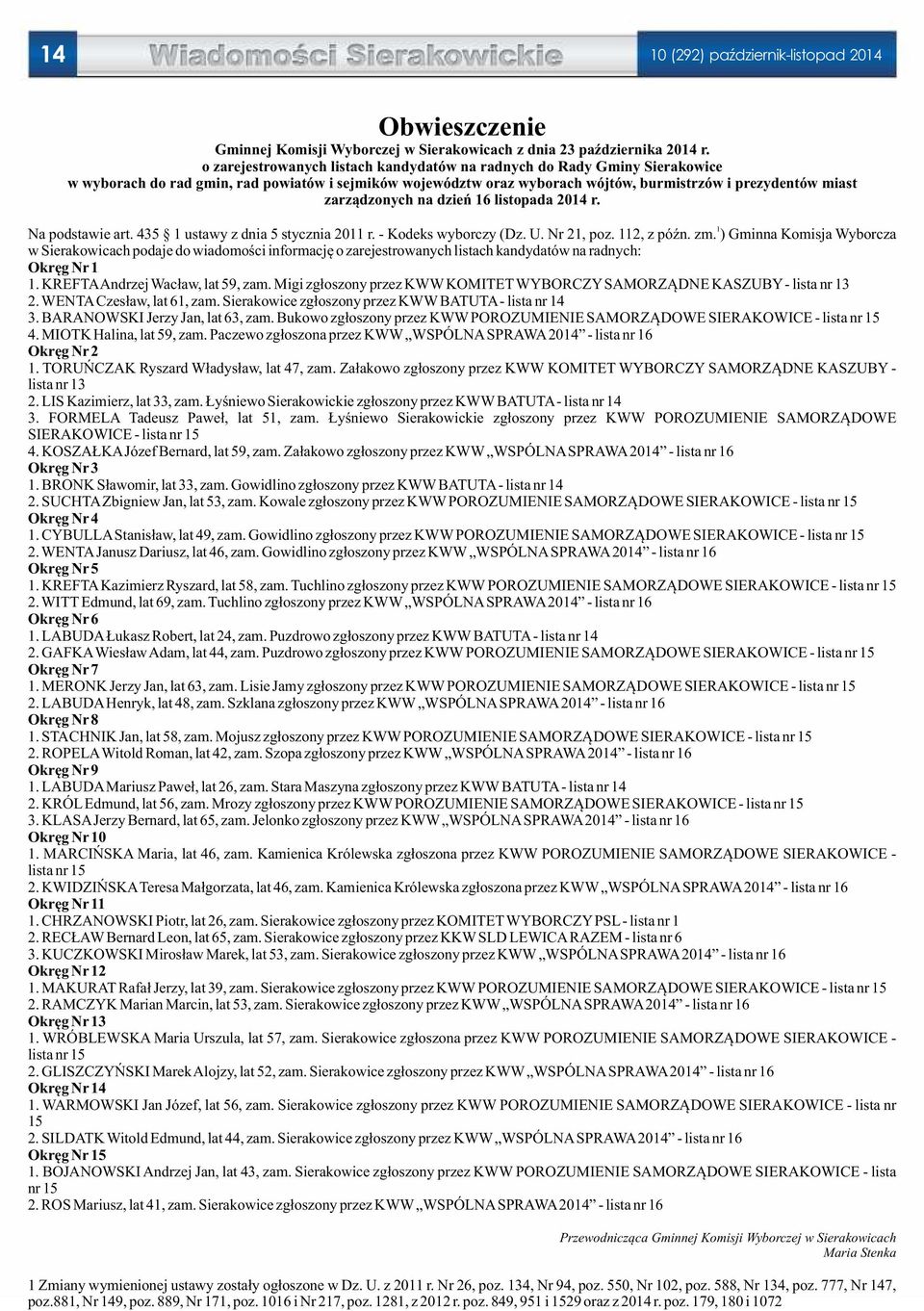 zarządzonych na dzień 16 listopada 2014 r. 1 Na podstawie art. 435 1 ustawy z dnia 5 stycznia 2011 r. - Kodeks wyborczy (Dz. U. Nr 21, poz. 112, z późn. zm.